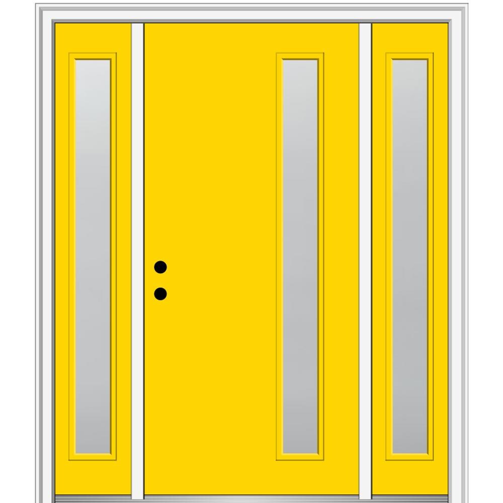 MMI DOOR ZZ347262R Spotlights 60-in x 80-in x 4-9/16-in Fiberglass Pulse lite Right-hand inswing Yellow Flash Painted Prehung Front Door with Sidelights with Brickmould Insulating core