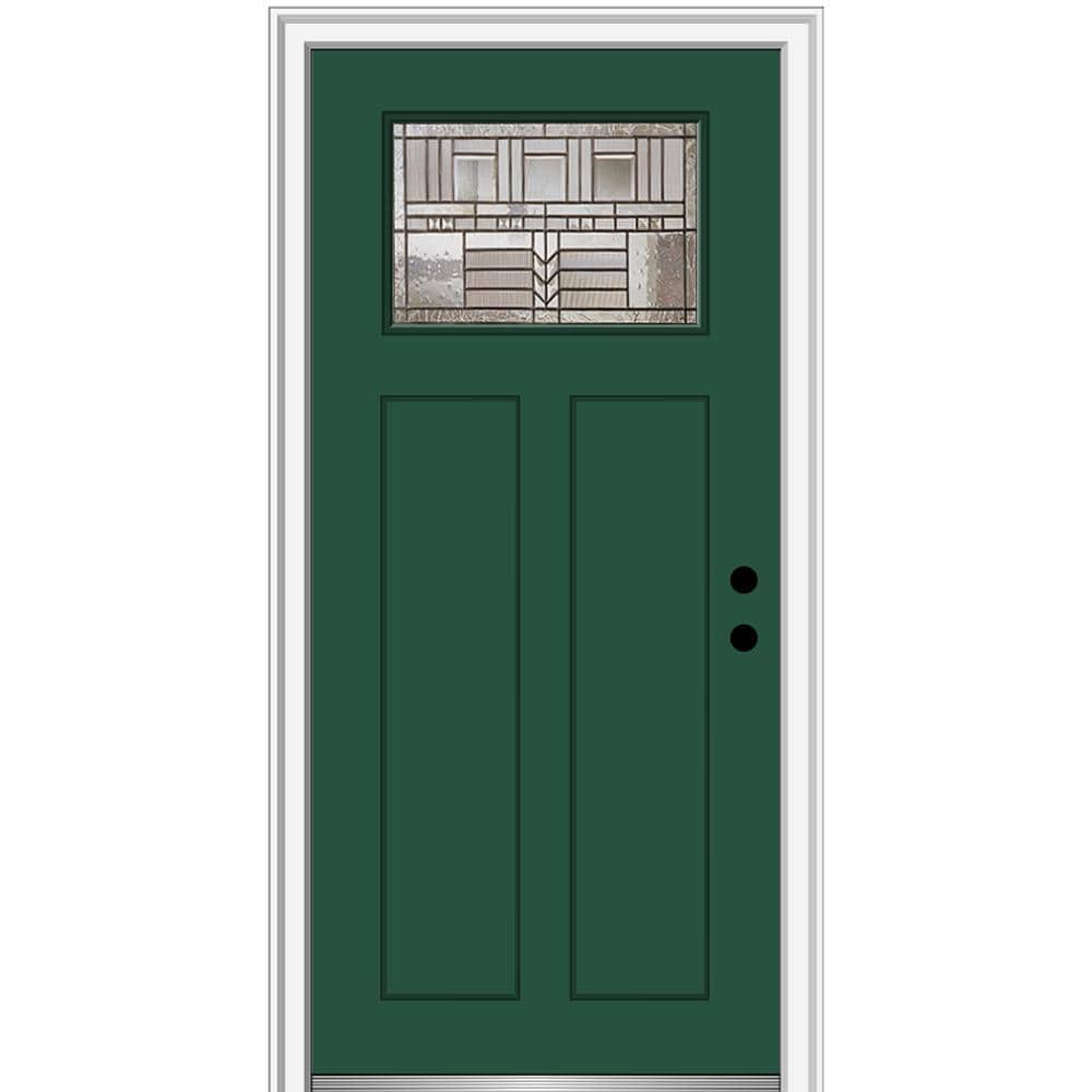 MMI DOOR ZZ3664622L 32-in x 80-in x 6-9/16-in Fiberglass Craftsman Left-hand inswing Hunter Green Painted Prehung Front Door with Brickmould Insulating core