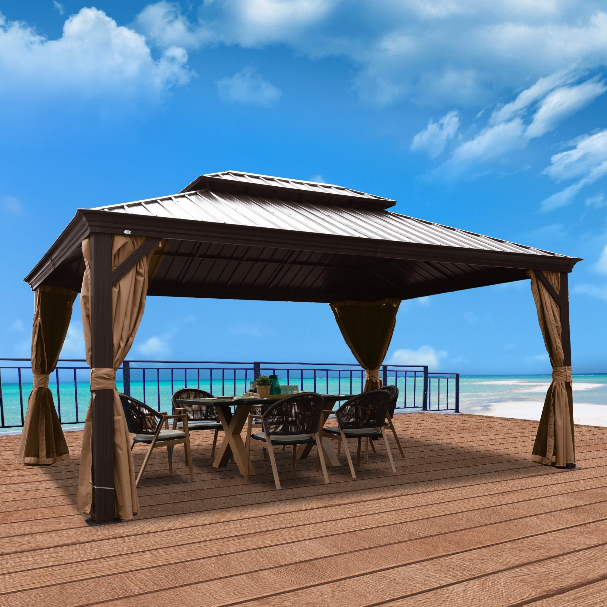 Kozyard KZAHG1216BRW 12-ft x 16-ft Dark Brown Square Gazebo with Hardtop Steel Roof (Screen Included)