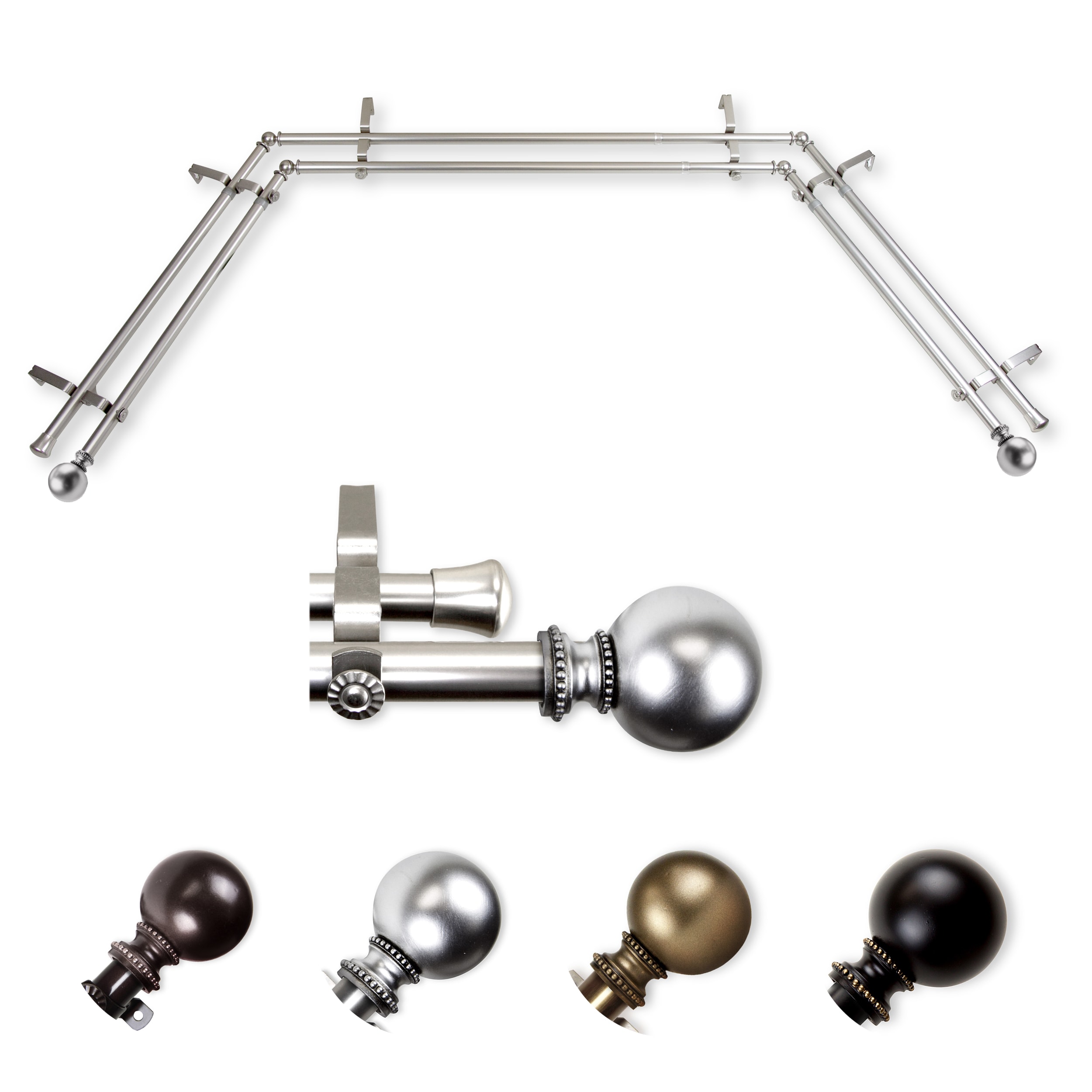 Hart & Harlow L-ABAY-83-5D Parker 13/16-in Double Bay Satin nickel Steel Bay window curtain rod with Finials