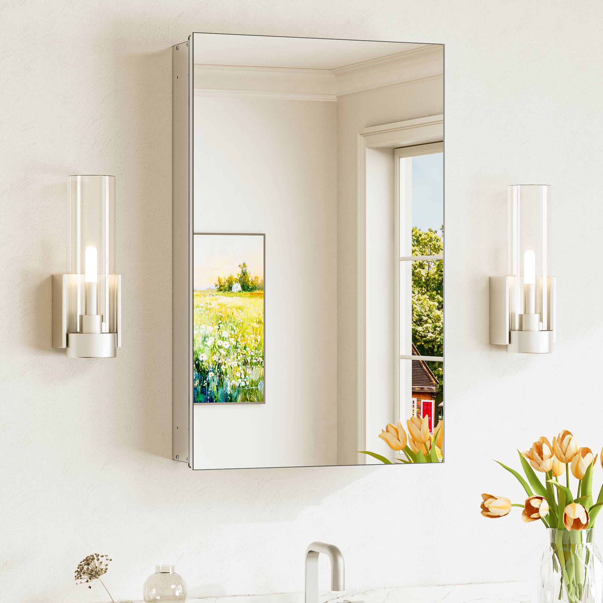 Keonjinn LW-JG-FXFJP-4166-SI Medicine Cabinet Mirror 16-in x 26-in Surface/Recessed Mount Sliver Mirrored Rectangle Soft Close Medicine Cabinet