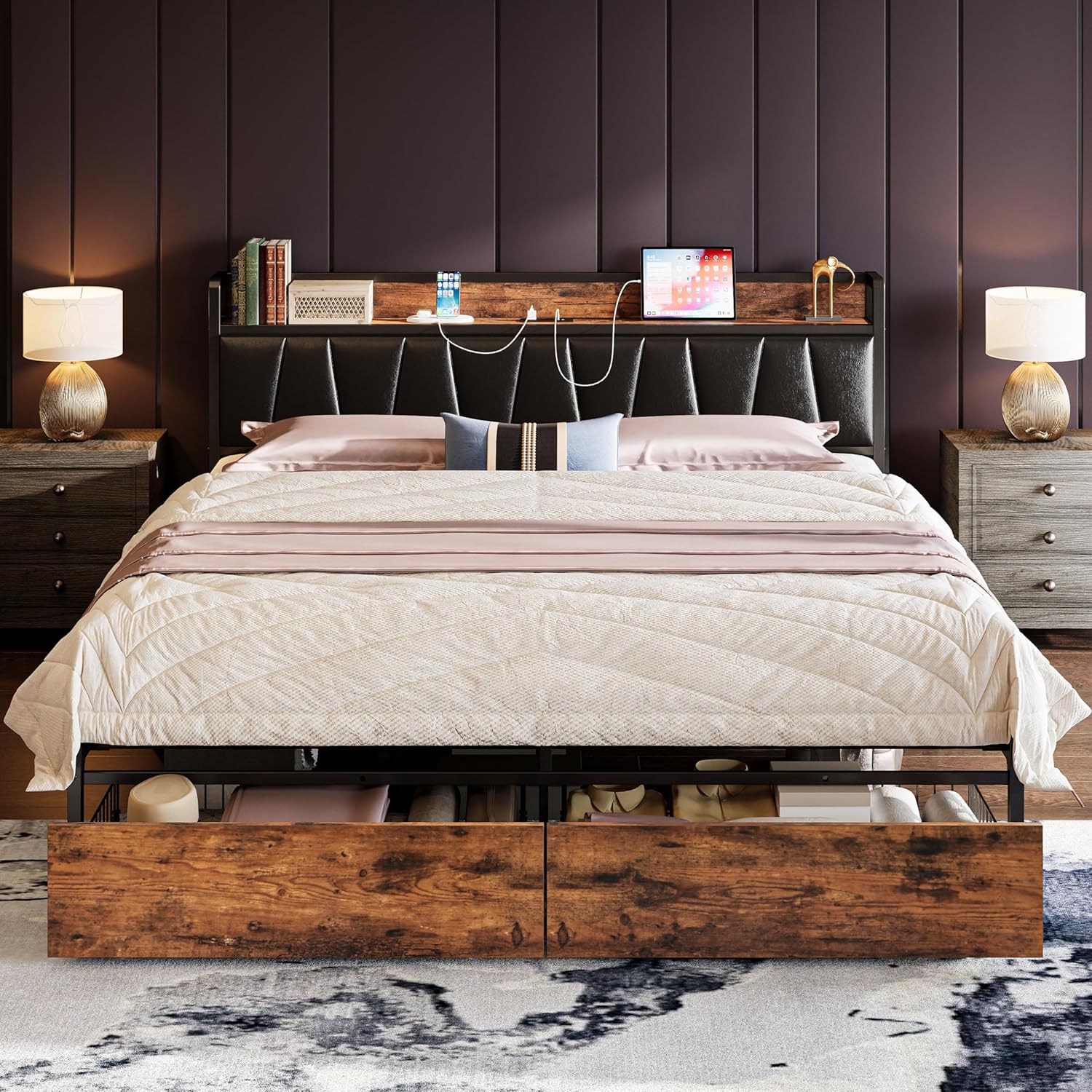 Likimio FOBGKIMY24JXEFY7 78-in W Brown and Black Bed Frame with Storage Headboard and Charging Station
