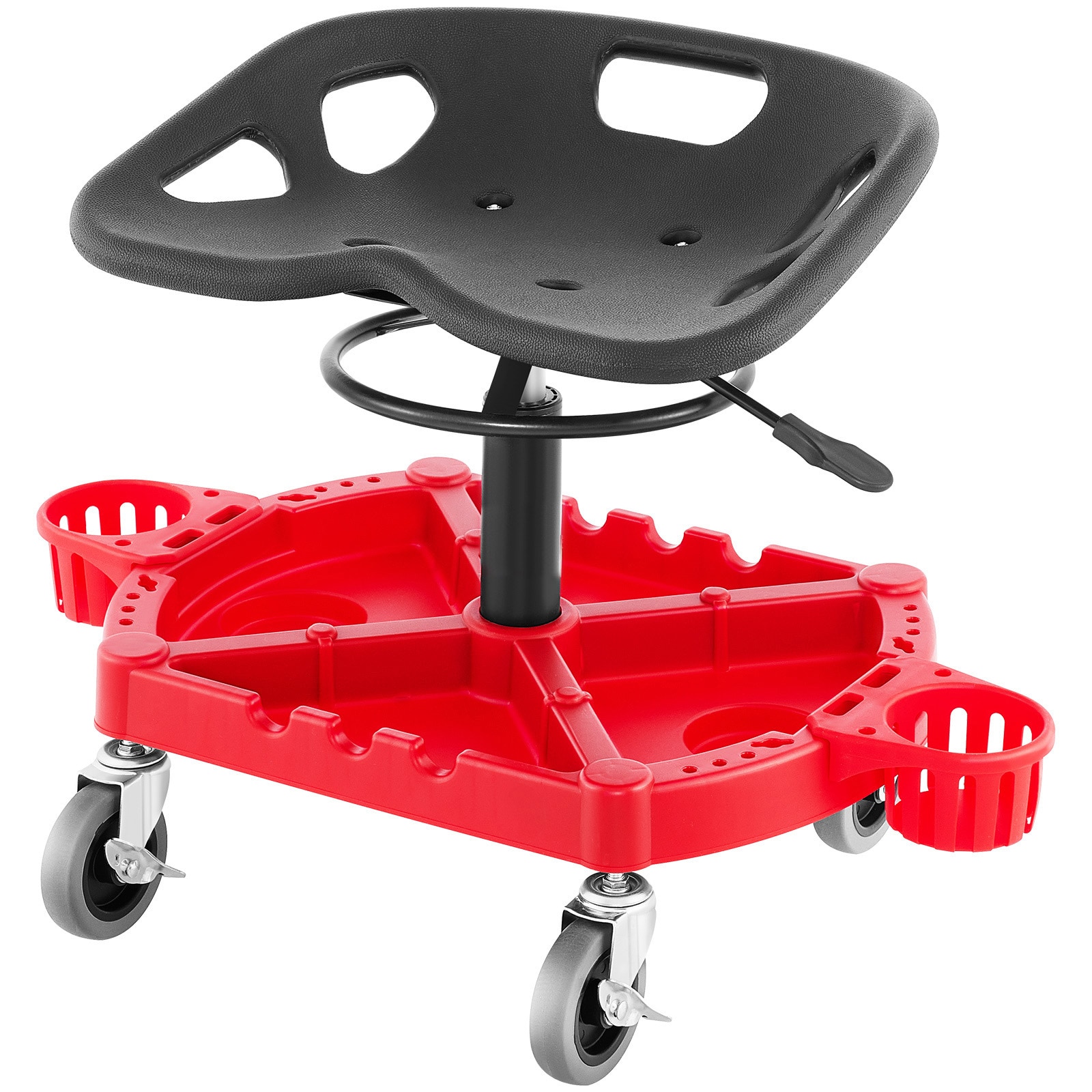 VEVOR SCYCTYXAPJYL02460V0 Rolling Garage Stool  300LBS Capacity  Adjustable Height from 18 in to 23 in  360-degree Swivel Wheels (4in)  Large Tool Tray with Two Bottle Holder  for Workshop  Auto Repair Shop  Red