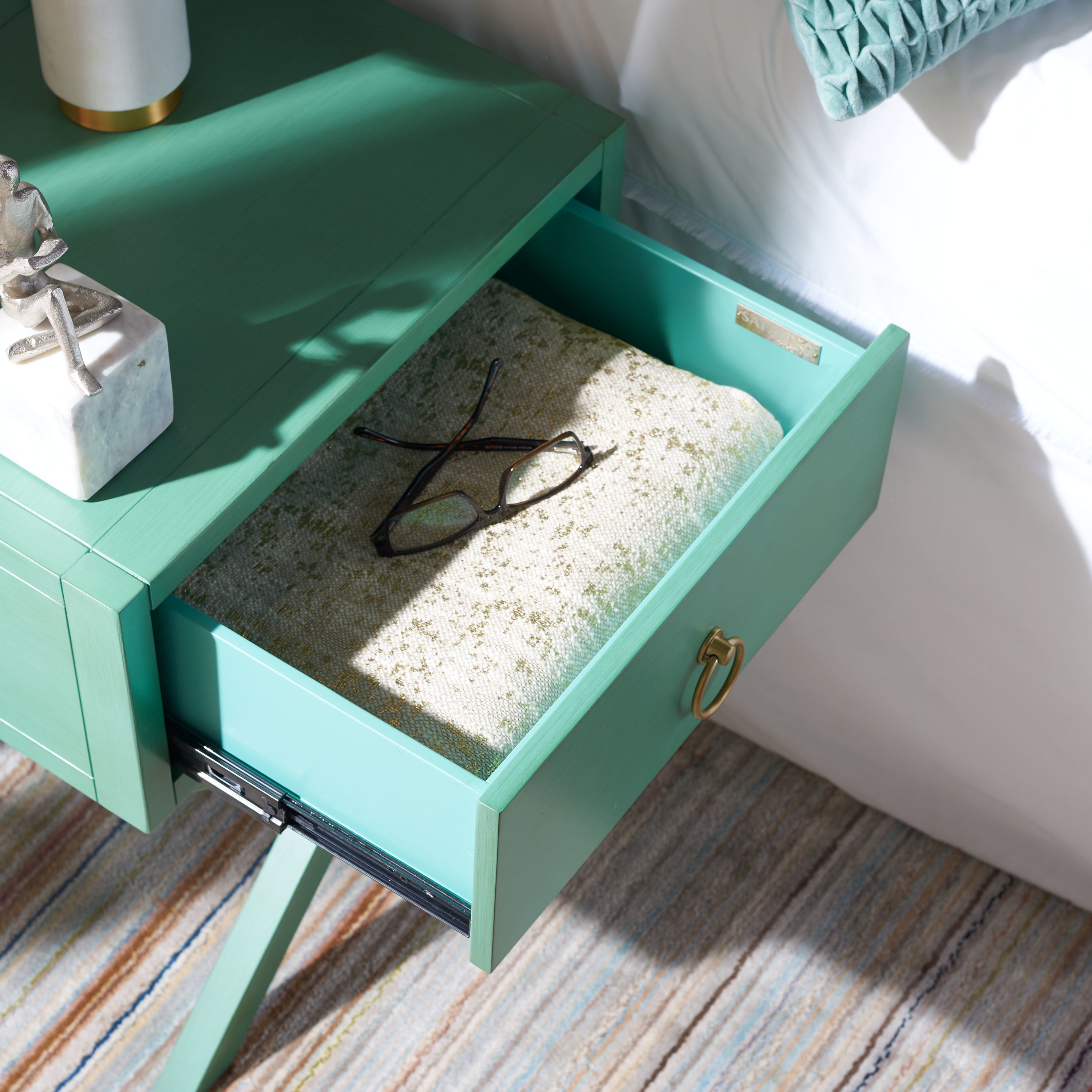 Odilia Turquoise Acacia Wood 1-Drawer Nightstand with Gold Pull