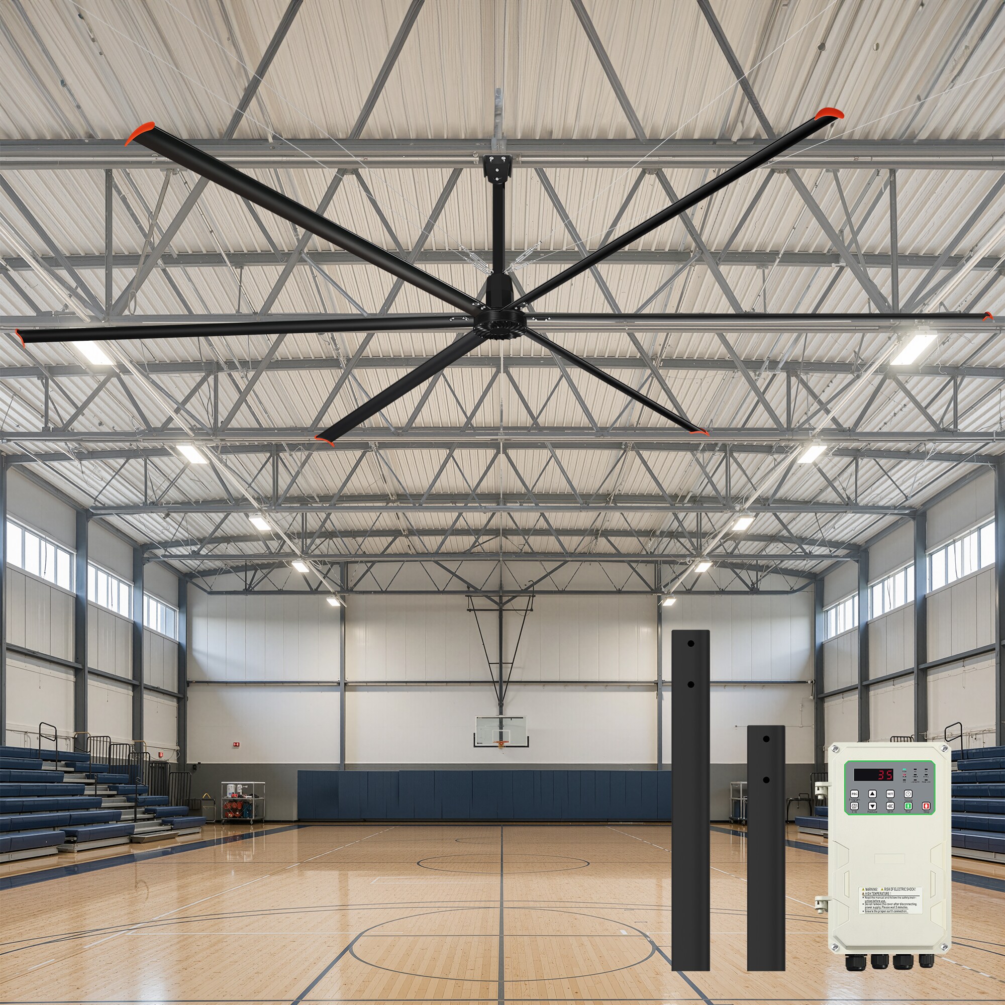 Airsurfer 288-in Matte Black with Black Aluminum Blades Covered Outdoor Downrod Commercial HVLS Industrial Ceiling Fan Ultra-Quiet Motor Without Light (6-Blade)