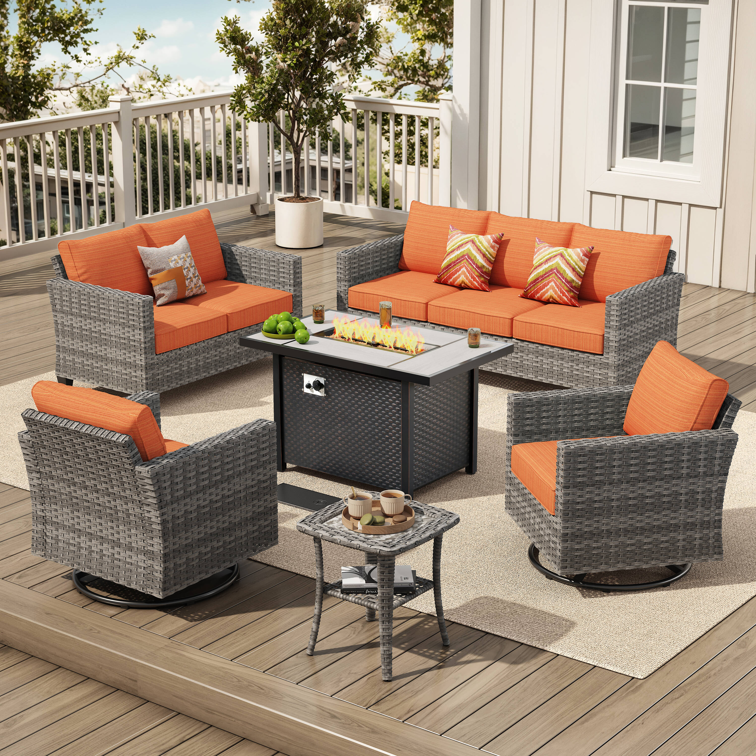 Pouuin SDFPVYZBS80C9 6 -Piece Wicker Patio Sofa Conversation Set with Red Cushions