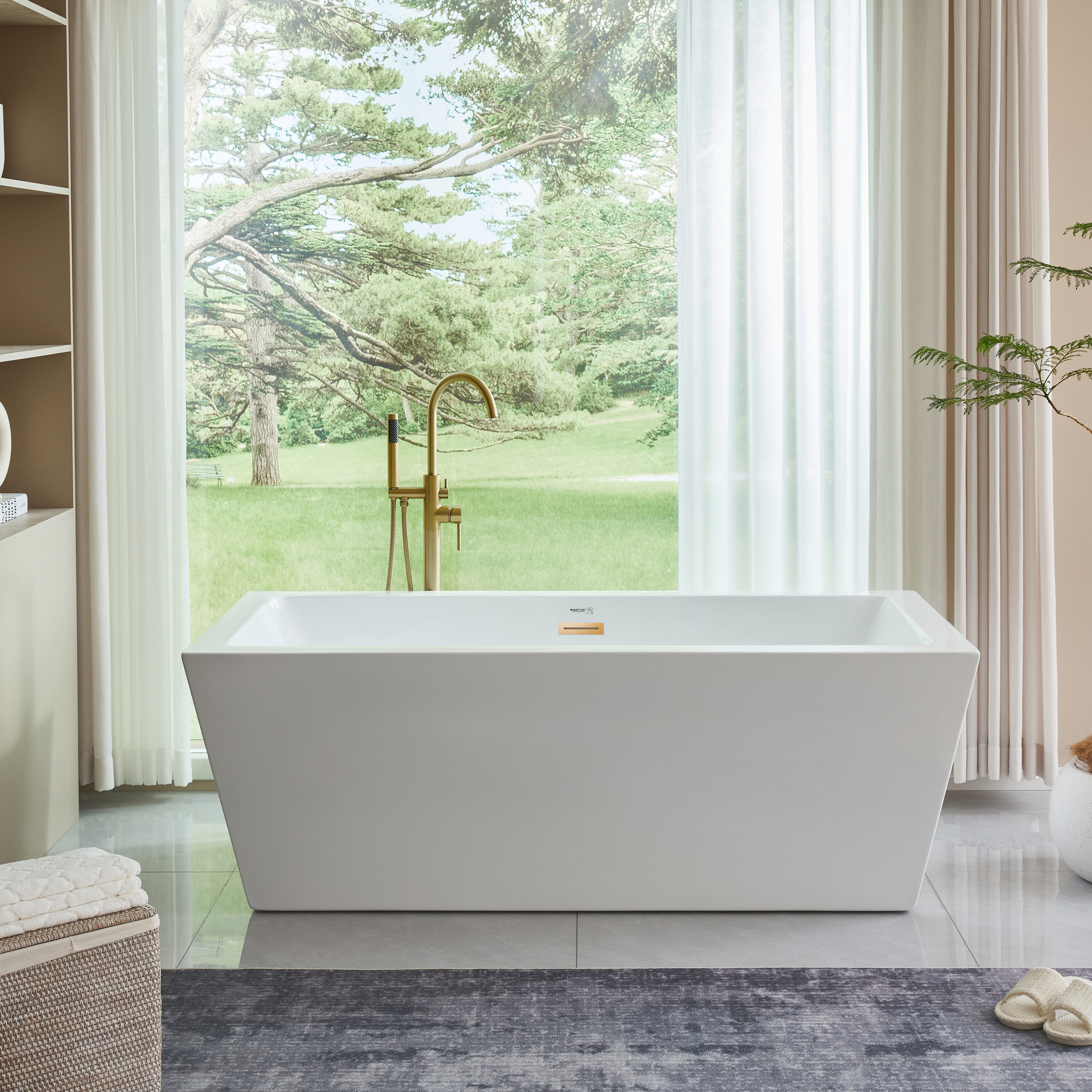 Vanity Art VA6814-L-TG 30-in x 67-in White/Titanium Gold Acrylic Rectangular Freestanding Soaking bathtub ( Center Drain )