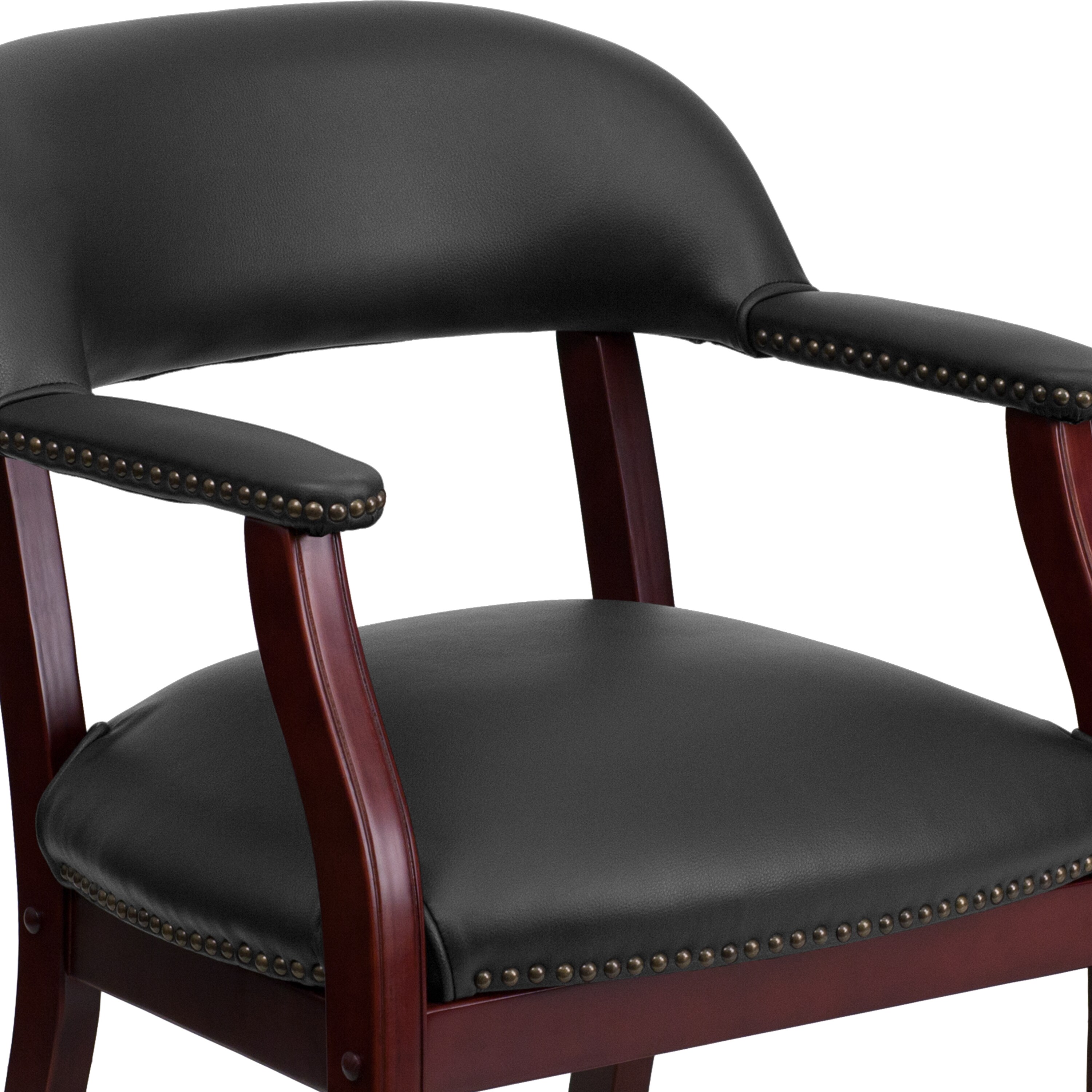 Elegant Black Vinyl and Wood Office Chair with Brass Nail Trim