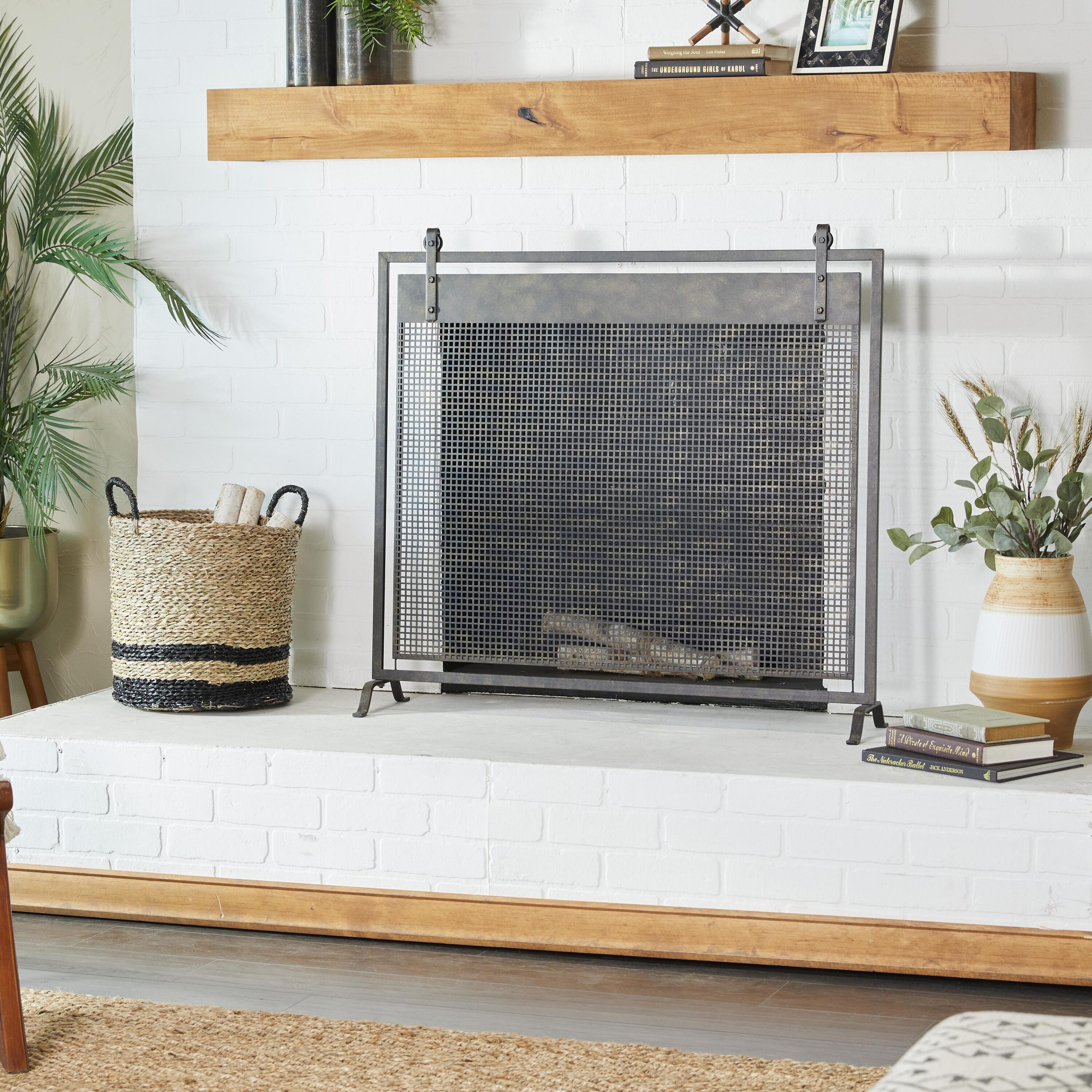 Grayson Lane 84245 38-in Black Single Panel Suspended Grid Style Netting with Bolted Detailing Iron 1 -Panel Flat Fireplace Screen