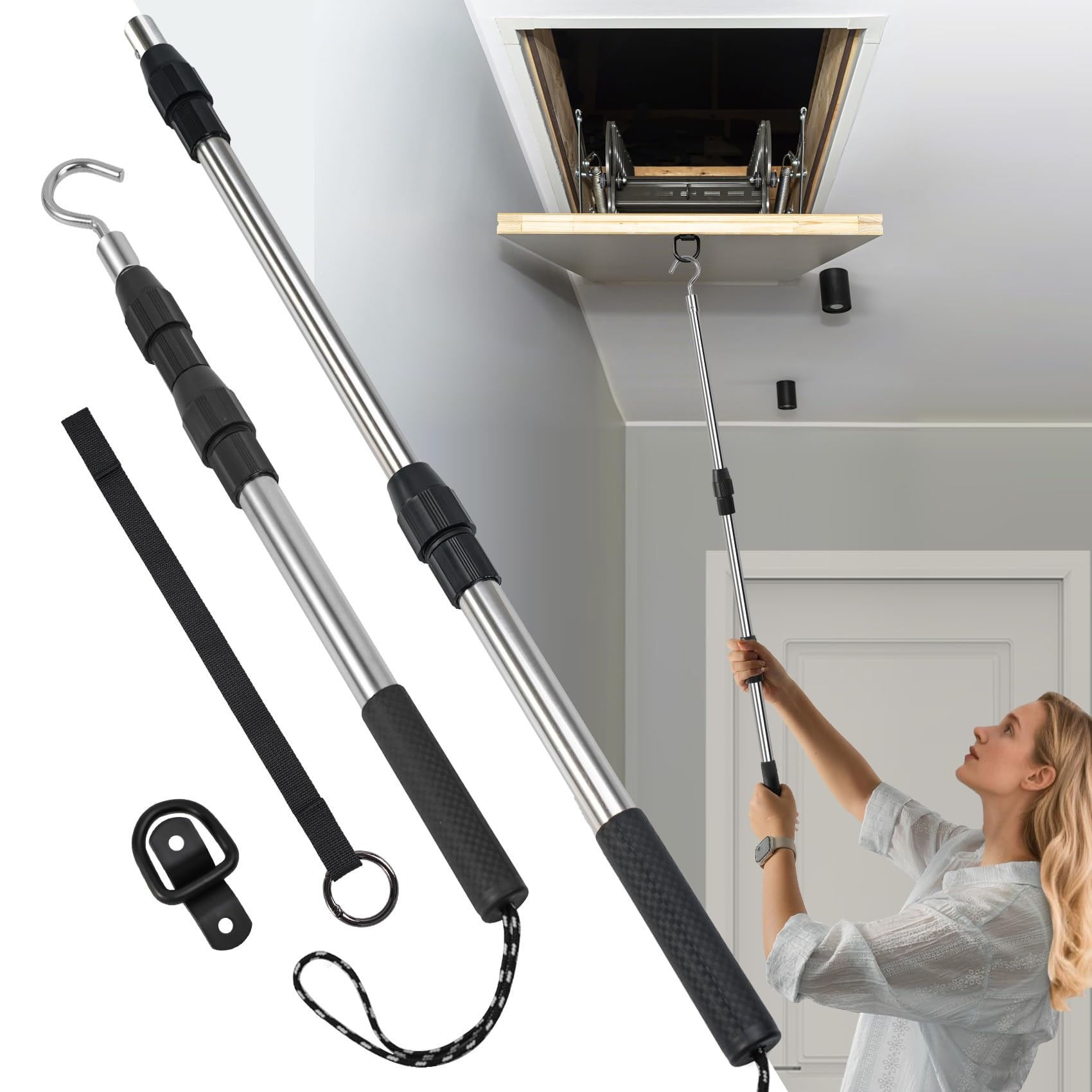 Vrbgify Attic Ladder Pull Down System Kit 1 Piece 20 to 40 Inch Telescopic Stainless Steel Pole with D Ring and O Ring Rope for Easy Access #LVG0430D31