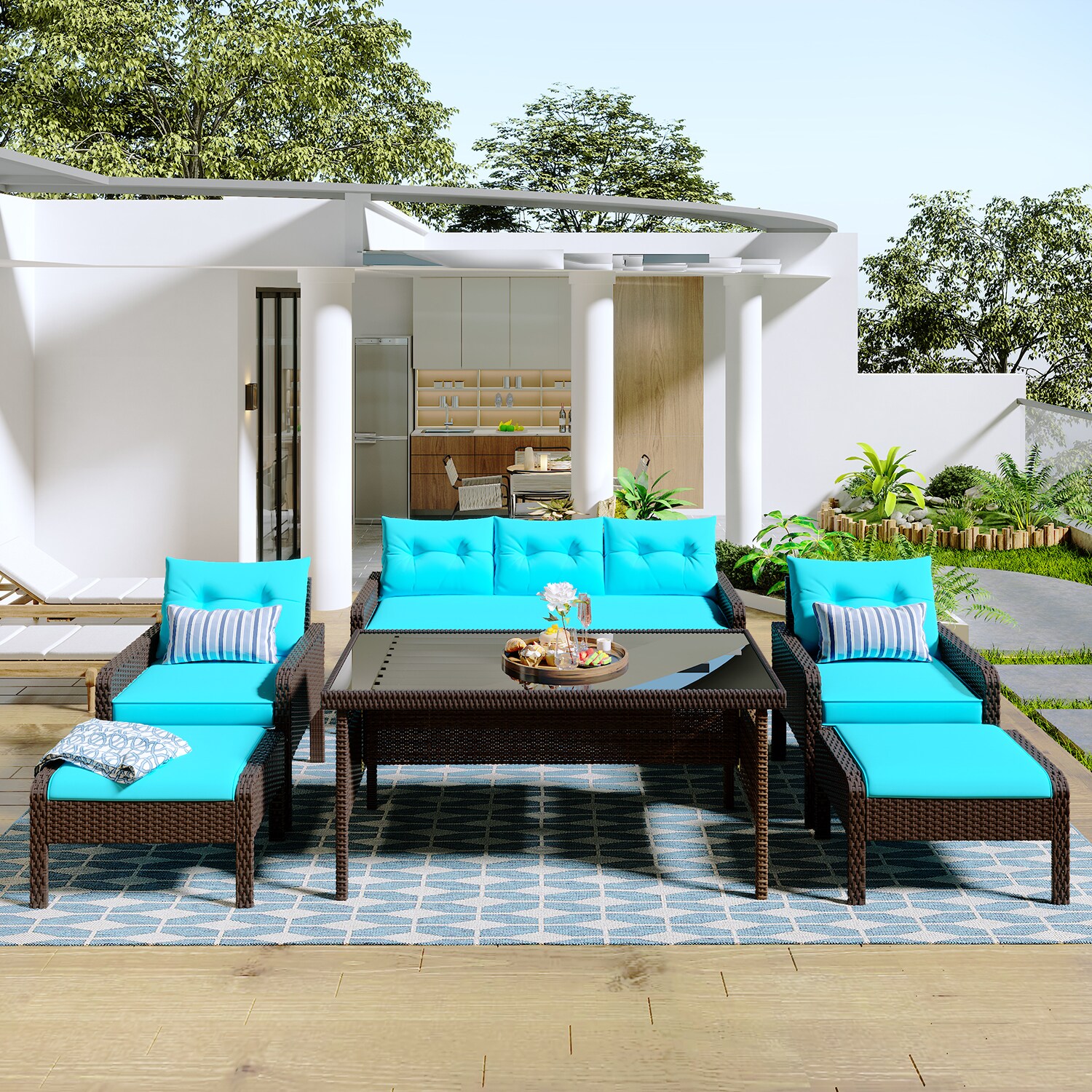 GZMR TMOD000087BG Patio Conversation-Set 6-Piece Rattan Patio Conversation Set with Blue Cushions