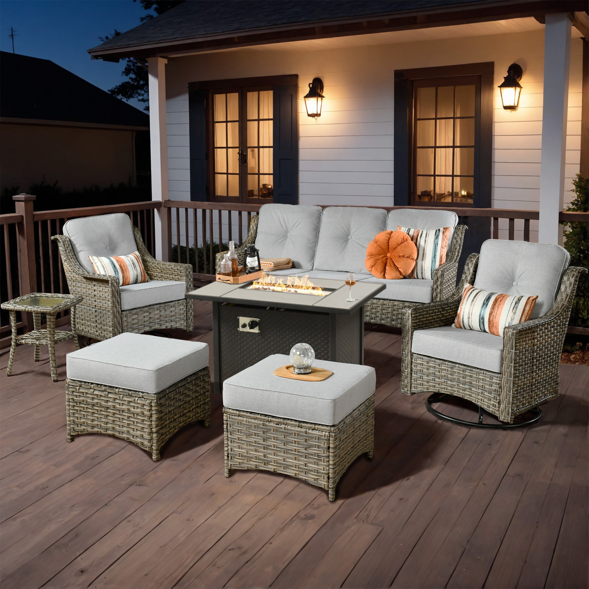 Ovios RFP03PD4-6Y 7 -Piece Rattan Patio Sofa Conversation Set with Light Gray Cushions