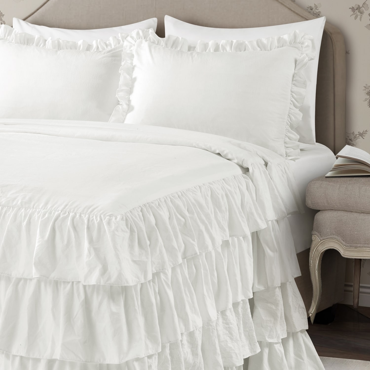 White Ruffled King Size Bedspread Set with Shams