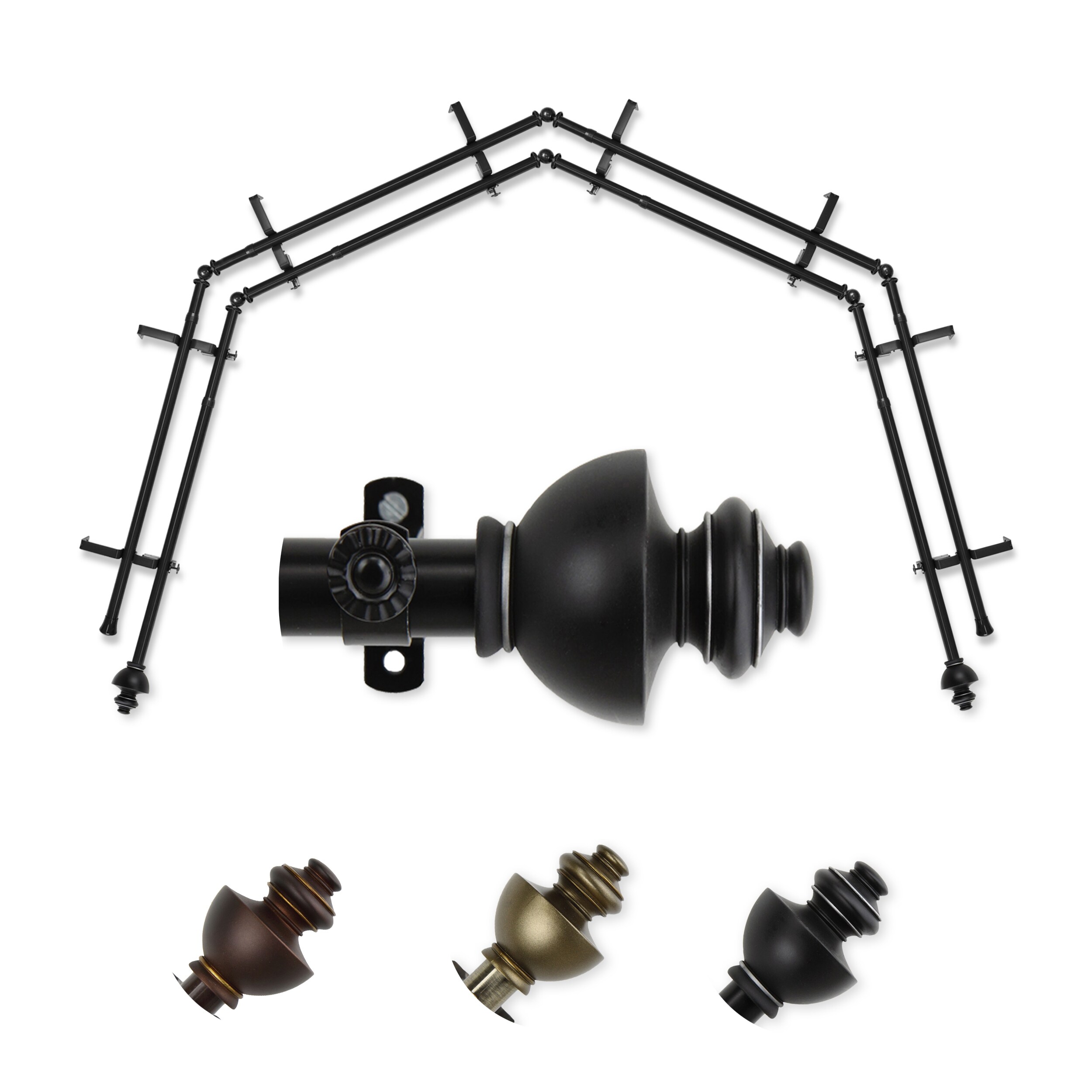 Hart & Harlow L-4BAY-04-2D Ornate 4-Sided Double Bay Black Steel Bay window curtain rod with Finials