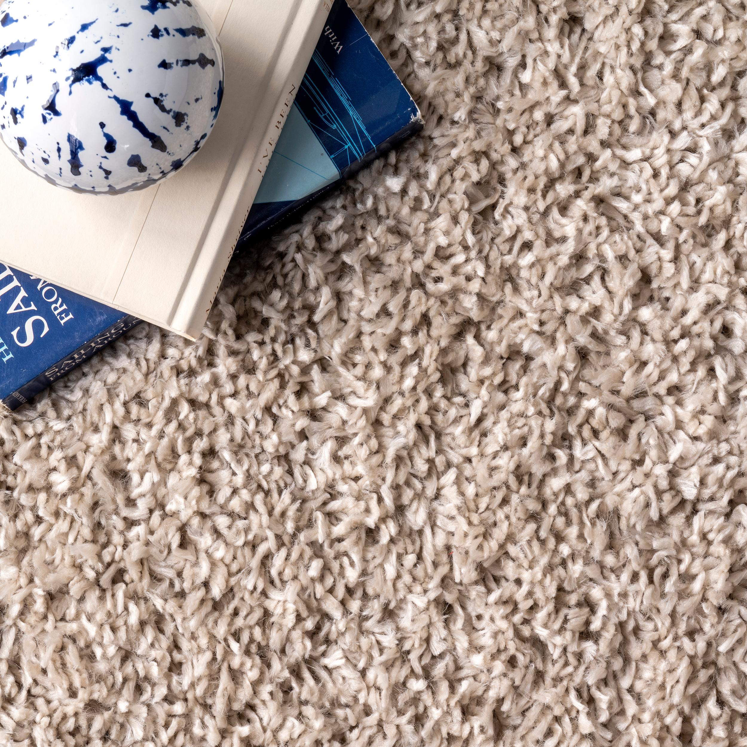 Beige Solid Shag Reversible Synthetic Runner Rug