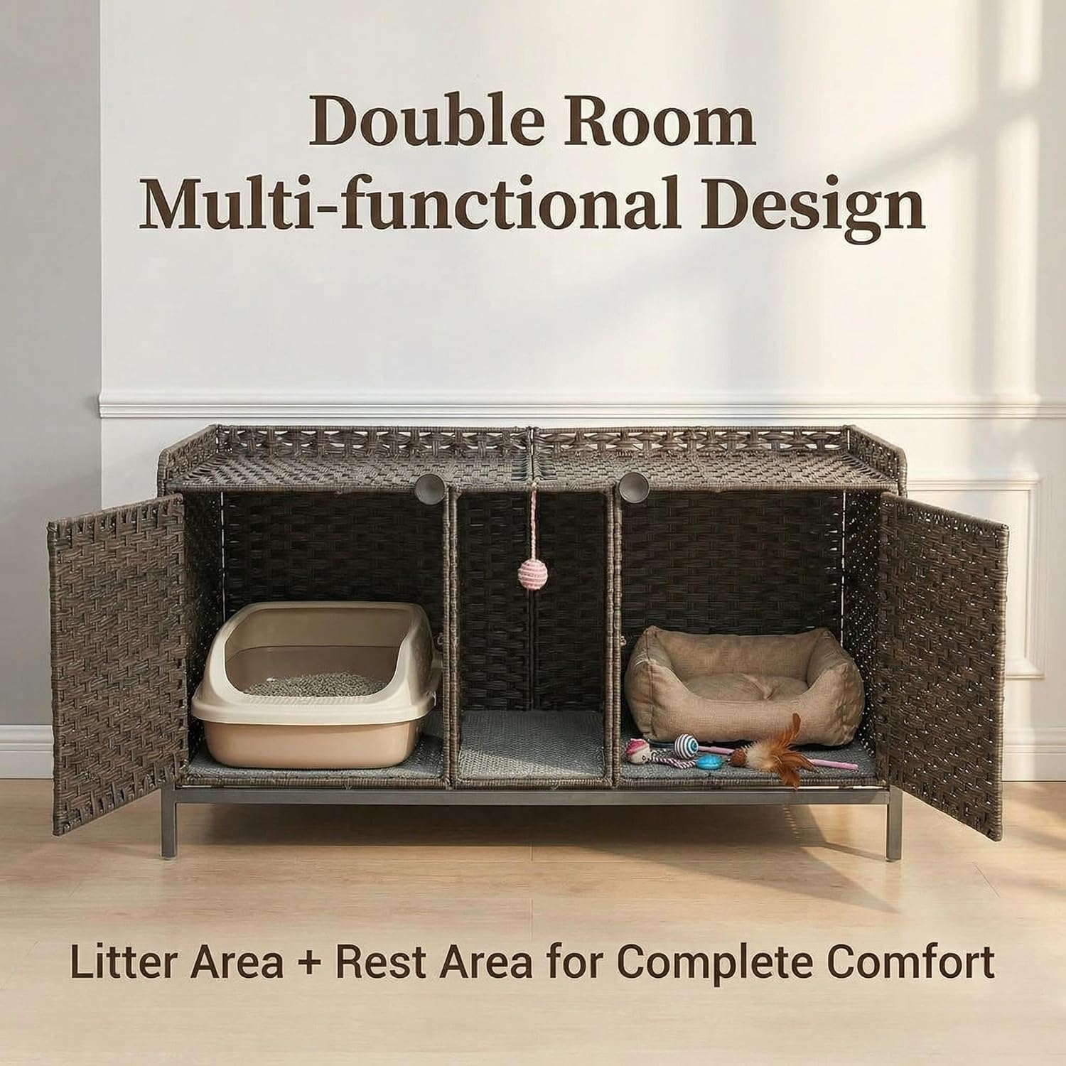 0 Double Cat Litter Box Enclosure Furniture Hidden Rattan Litter Box ...
