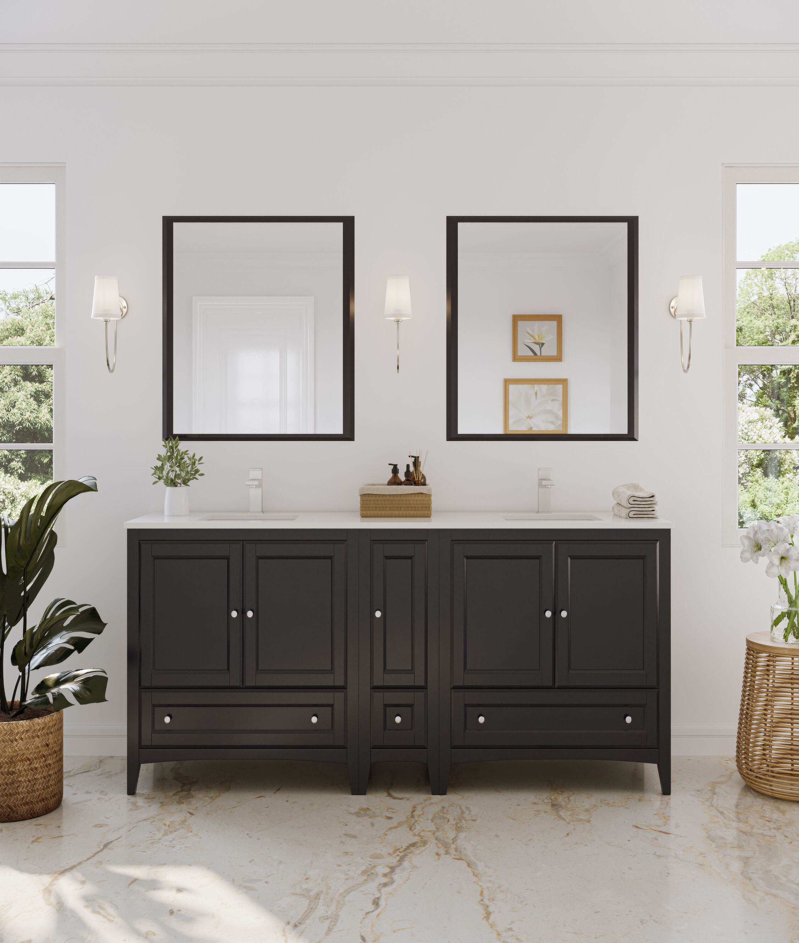 Fresca FVN20-301230ES Oxford 72-in Espresso Undermount Double sink Bathroom Vanity with White Quartz Top (Mirror Included)