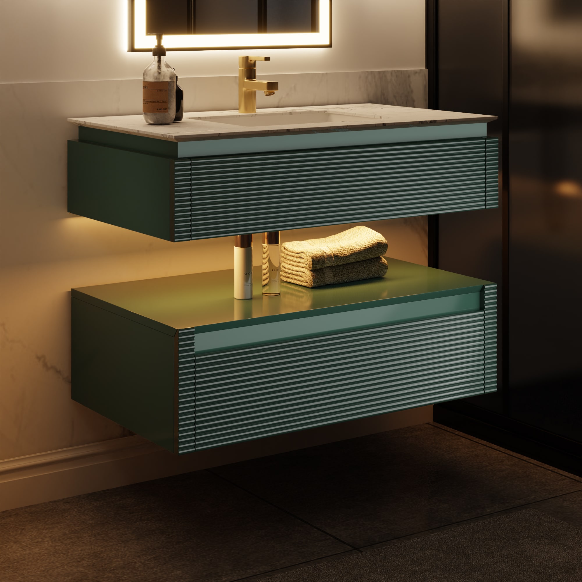 ExBrite SC3620V12GN 36-in Green Undermount Single Sink Floating Bathroom Vanity with White Engineered Stone Top