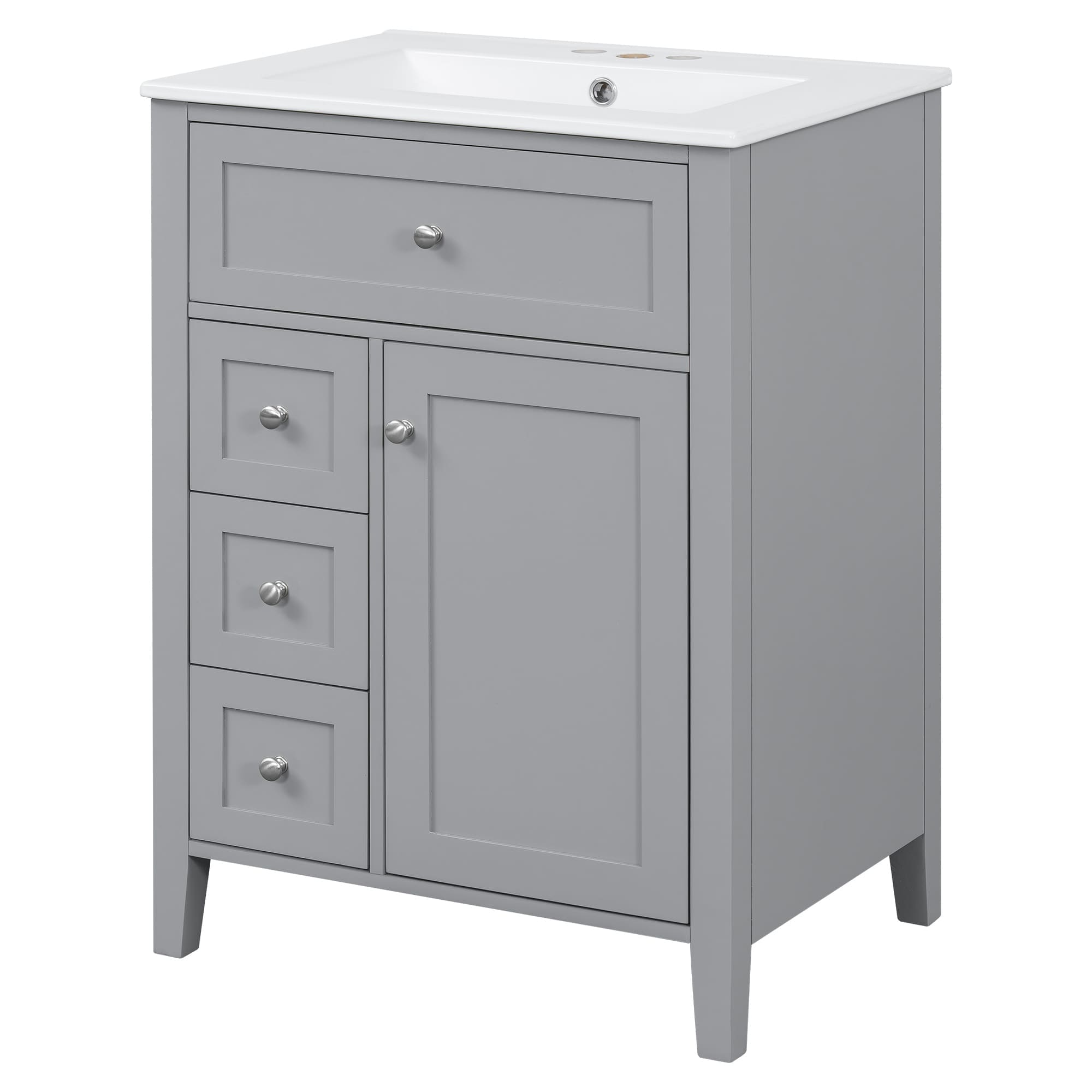 Rbied 24 Inch Gray Bathroom Vanity with Sink MDF and Rubberwood Cabinet with Three Drawers and Adjustable Shelves