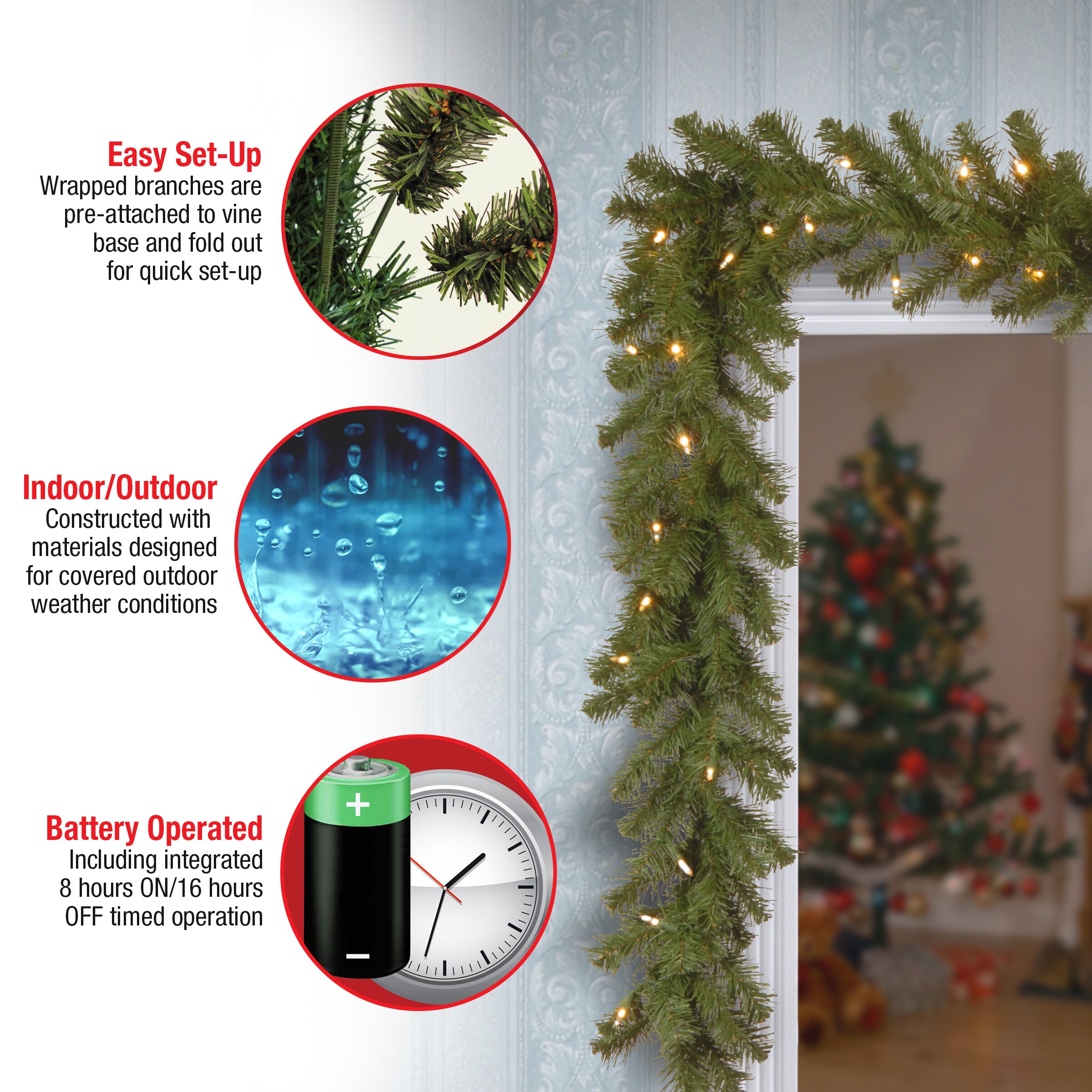 9ft Green Spruce Garland with Dual Color LED Lights