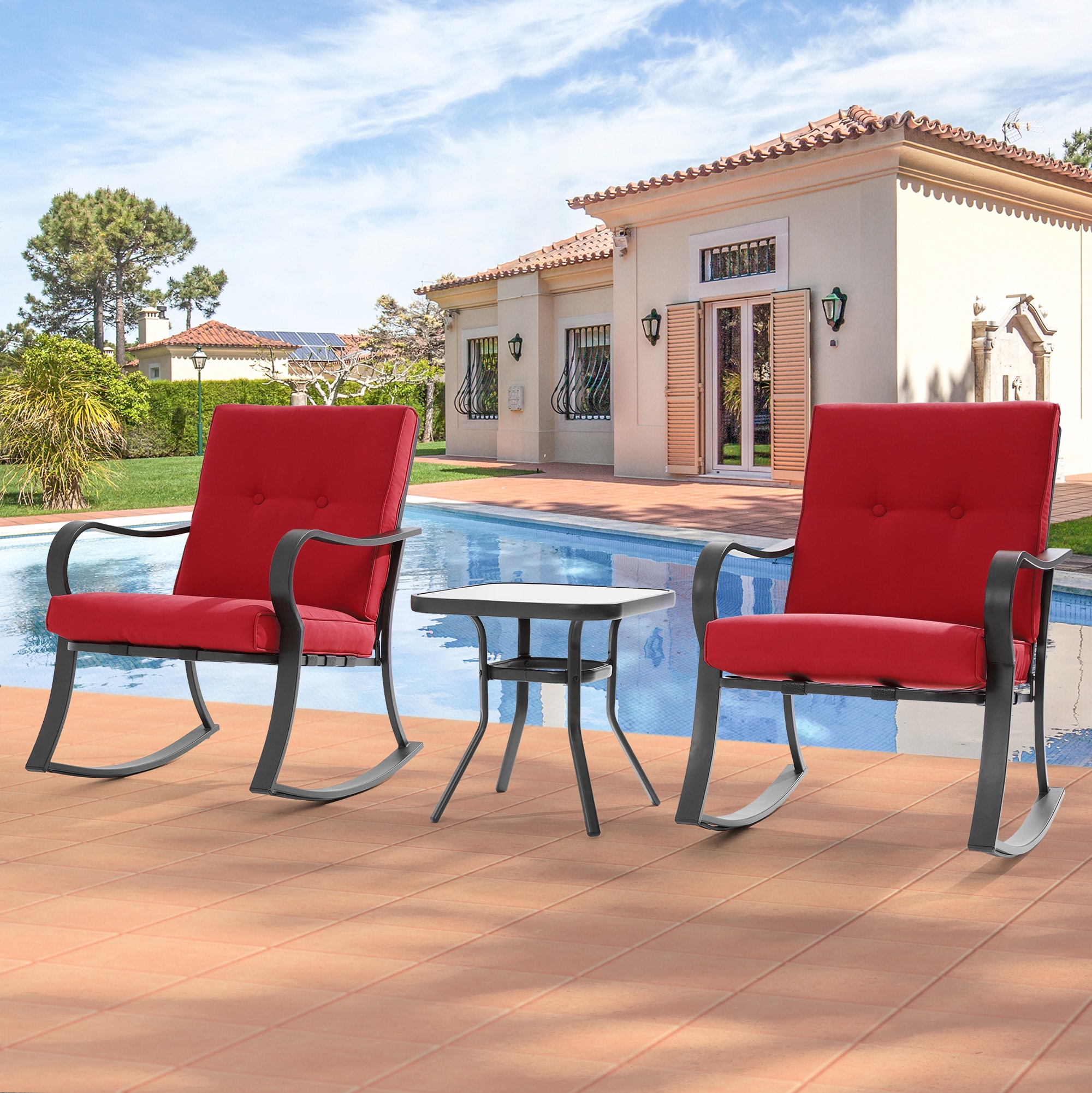 Sonkuki SD-C01R Patio Rocking Chairs 3 -Piece Patio Conversation Set with Red Cushions