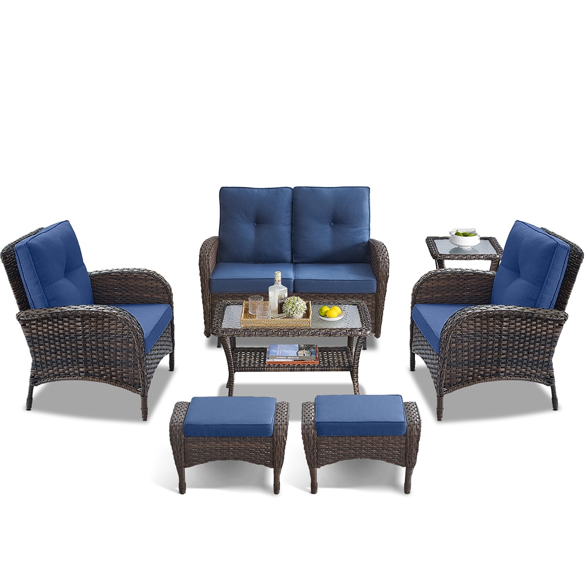 Rilyson FS088116087R60-1 7 -Piece Wicker Patio Conversation Set with Blue Cushions