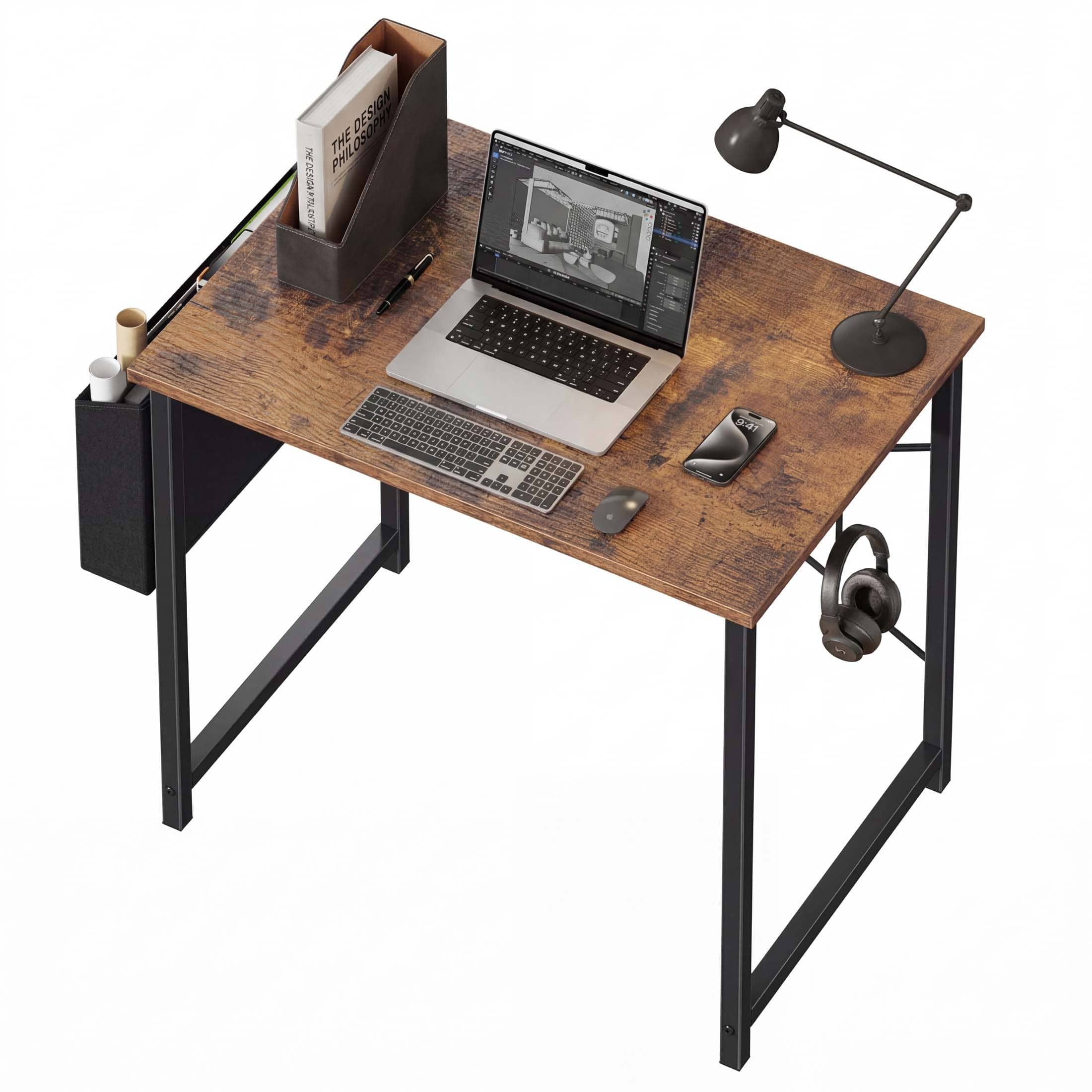 Sweetcrispy 31-in W Rustic Brown Home Office Writing Desk with Fabric Side Storage Bag and Hook