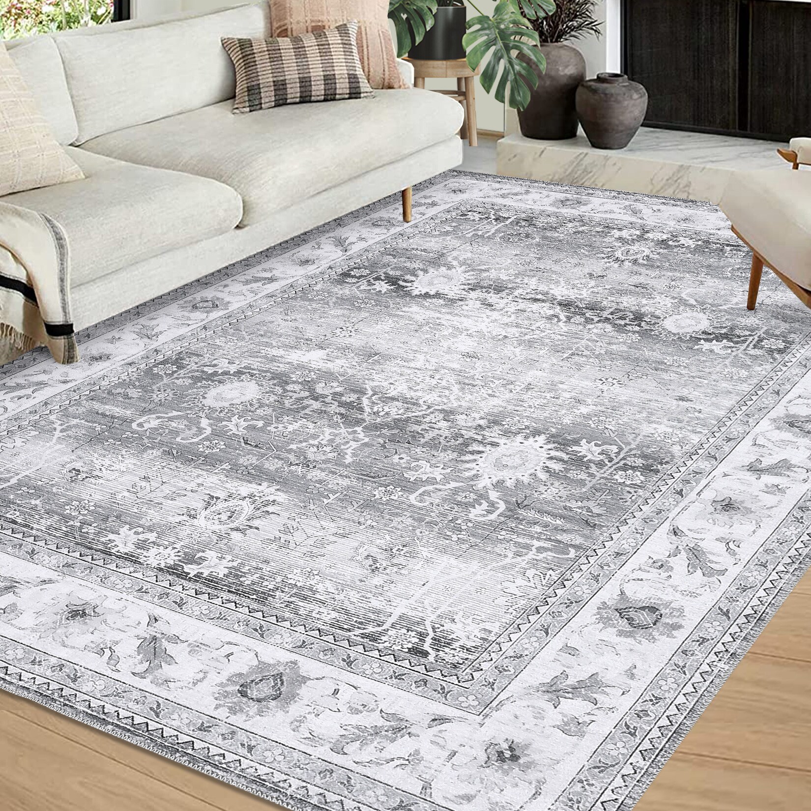 Garvee YXY-LO-PHO-0XT3BJUS 6 x 9 (ft) Microfiber Gray Rectangular Indoor Floral/Botanical Vintage Machine washable Area rug