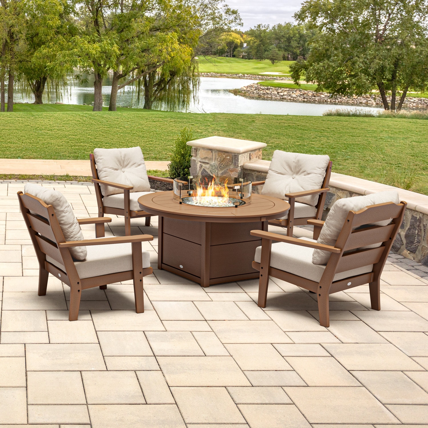 allen + roth by POLYWOOD PWS734-2-TE145999 Oakport 5 -Piece Patio Conversation Set with Brown Revolution Cushions
