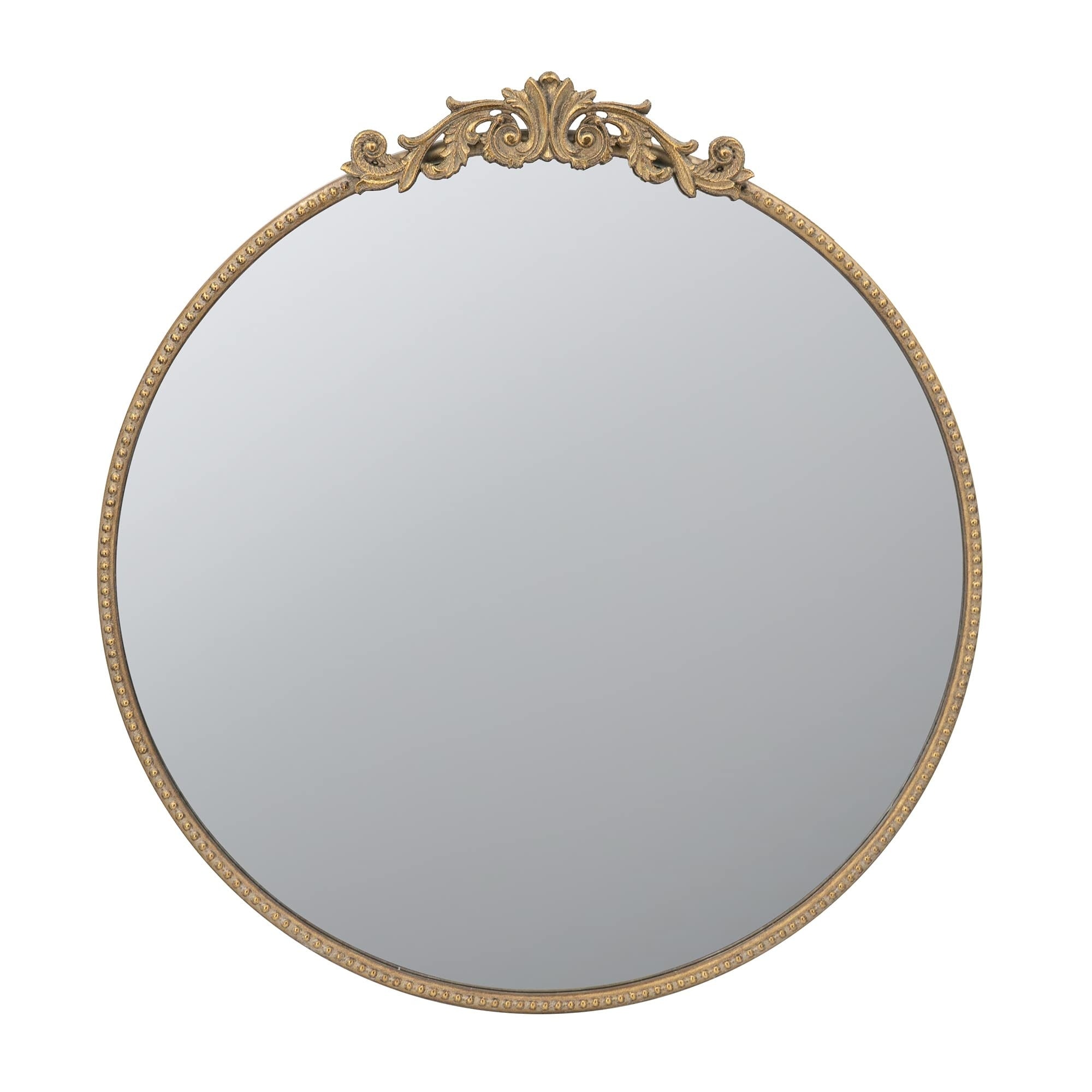 LIVACA - 30 inch x 32 inch Gold MDF and Glass Round Wall Mounted Mirror with Baroque Inspired Met...