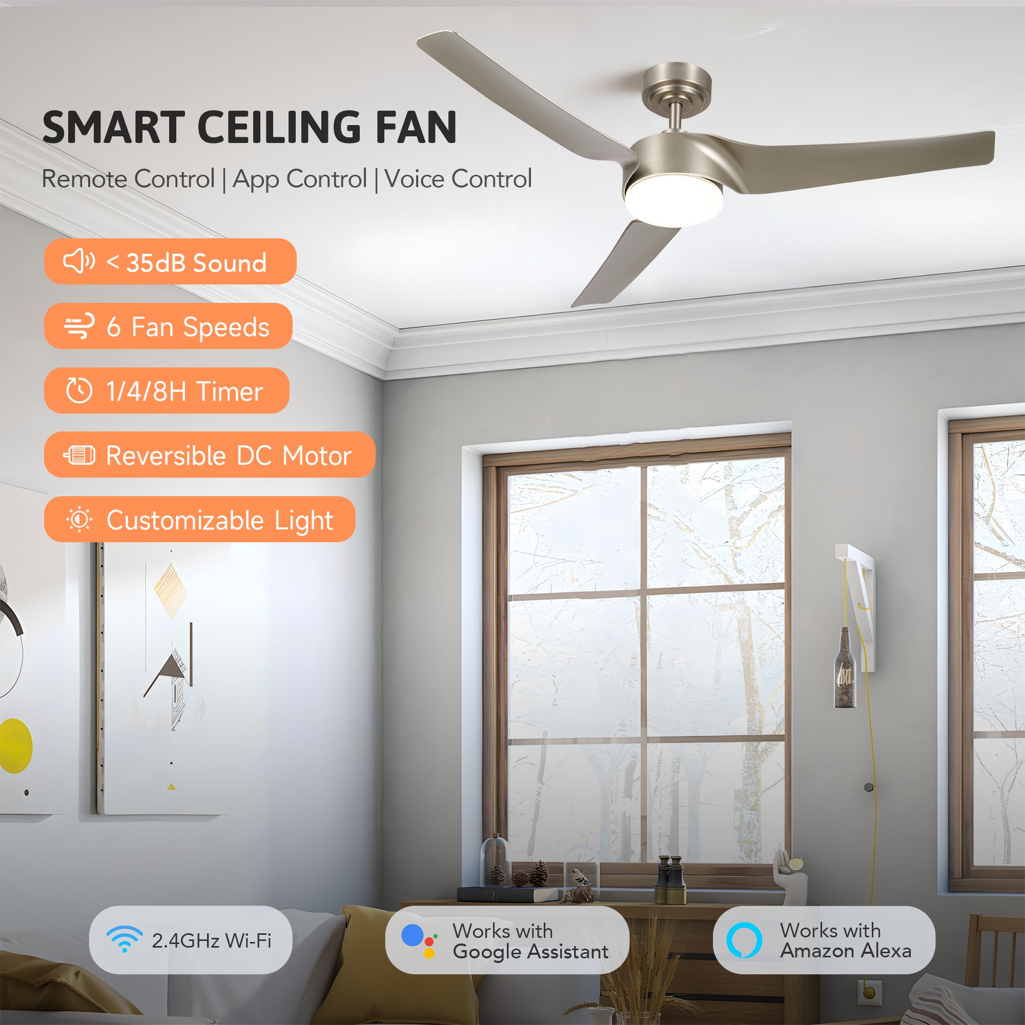 CO-Z 52-in Nickel with Brushed Blades Integrated LED Indoor Smart Propeller Ceiling Fan with Light and Remote (3-Blade) CFN-1304-NI Sansujyuku sansujyuku.com