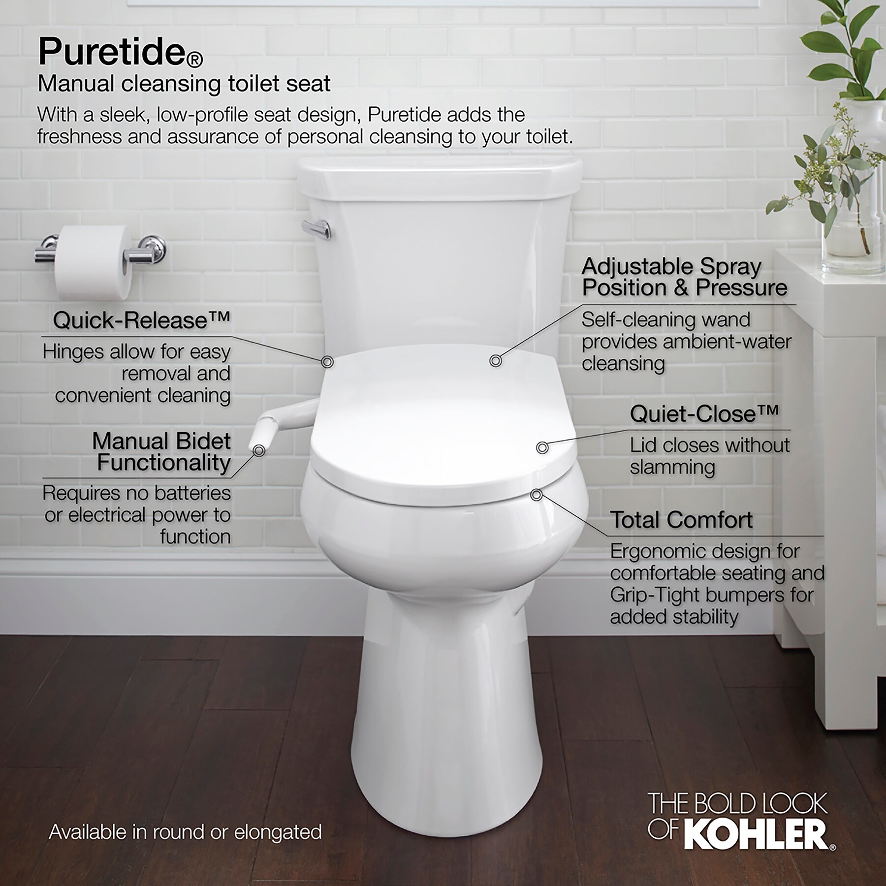 KOHLER K-8298-96 C3 155 Elongated Warm Water Bidet Toilet Seat, Biscuit  with Quiet-Close Lid and Seat, Automatic Deodorization, Self-Cleaning Wand,  Ad キッチン