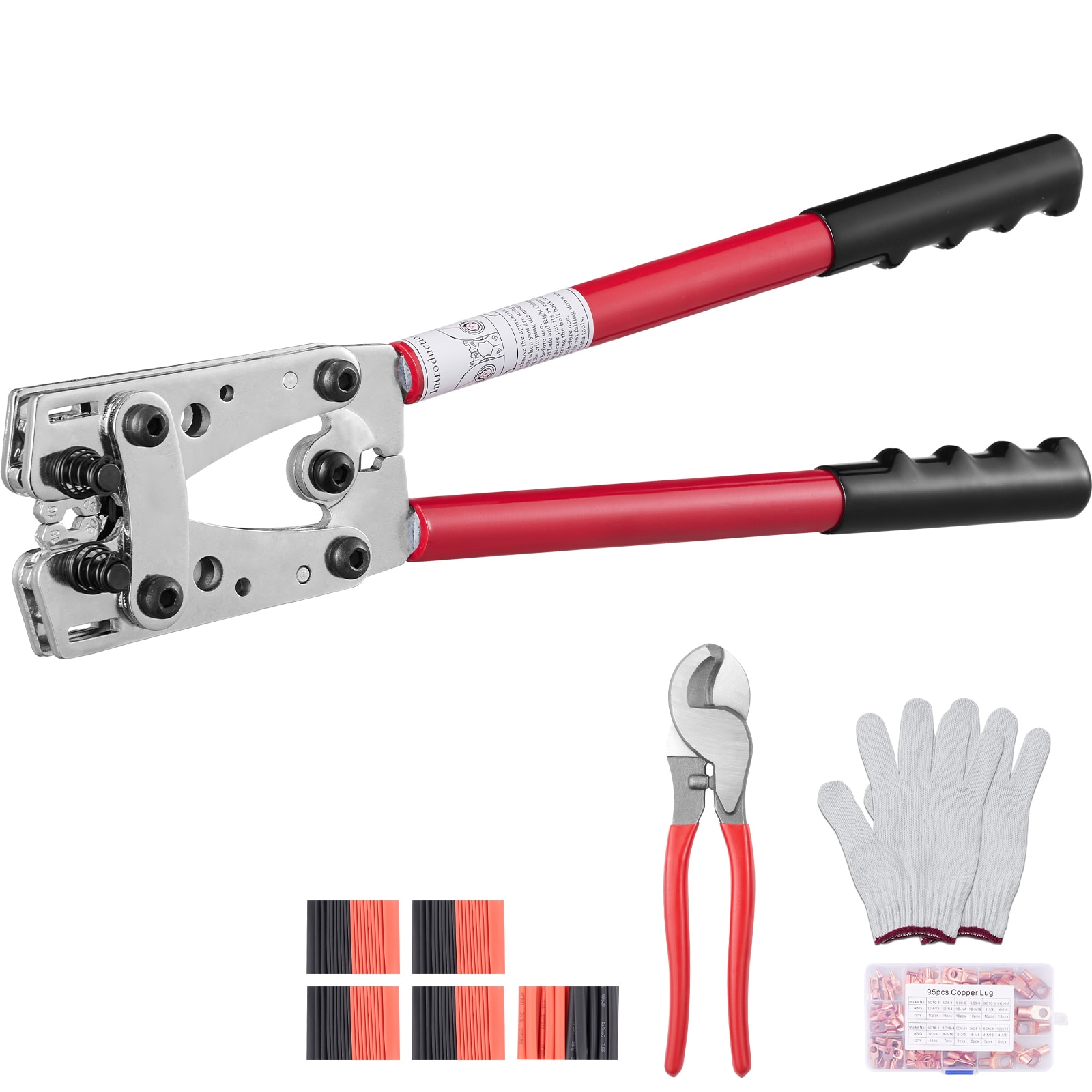 VEVOR SCDLYJQPJDLJ03418V0 Battery Cable Lug Crimping Tool 10-1/0AWG with Cable Cutter and 48PCS Copper Ring Terminals 6 Wire Sizes Crimping Die and 100pcs Heat Shrink Tubes for Heavy Duty Wire Lugs