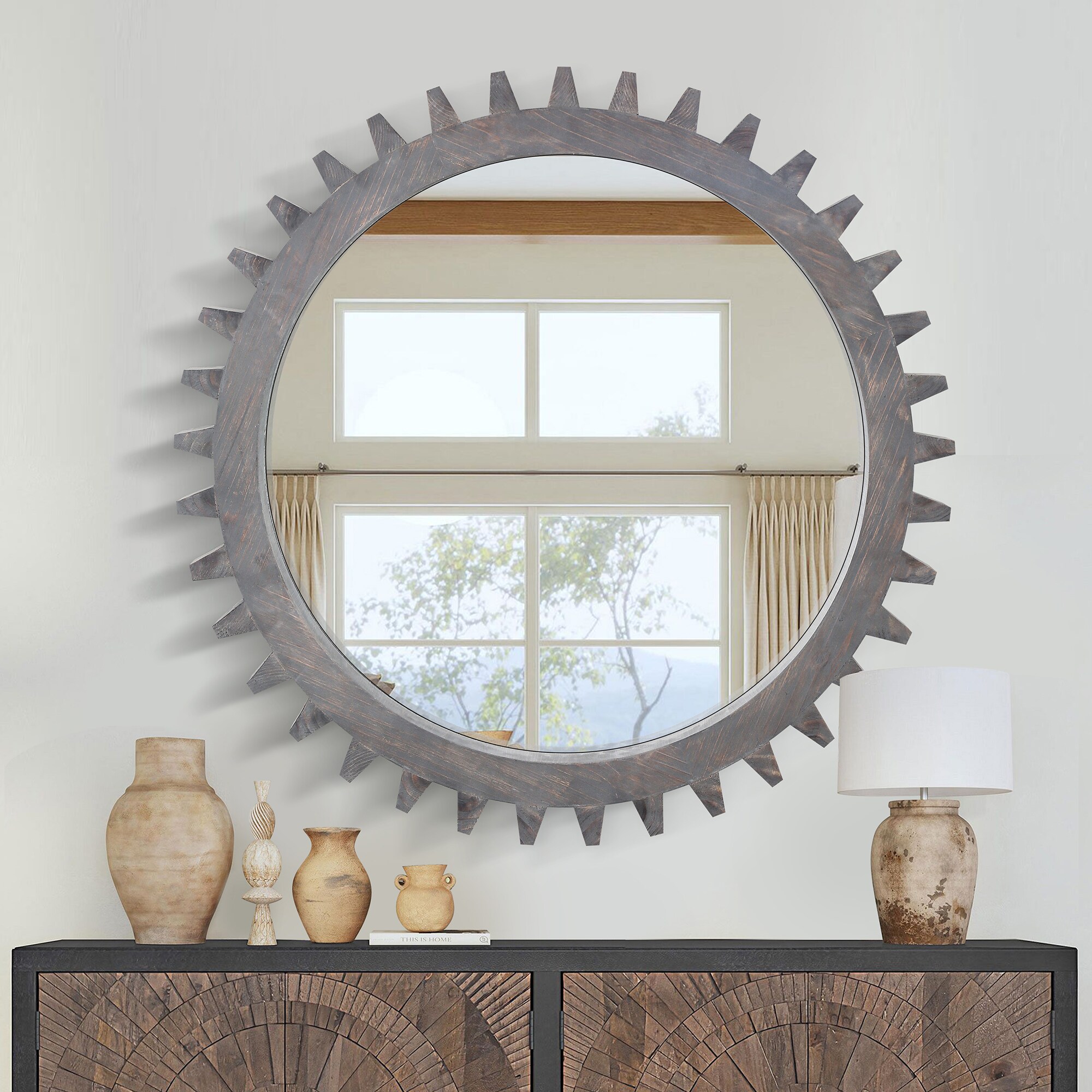 SINOFURN SYD240005DG 42-Inches W x 42.0-Inches H Sunburst Brown Framed Wall Mirror