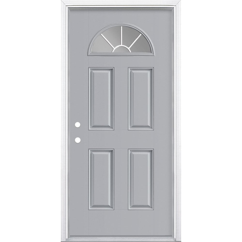 Masonite 1218420 36-in x 80-in x 4-9/16-in Fiberglass 1/4 lite Right-hand inswing Infinity Gray Painted Prehung Front Door with Brickmould Insulating core with Grilles