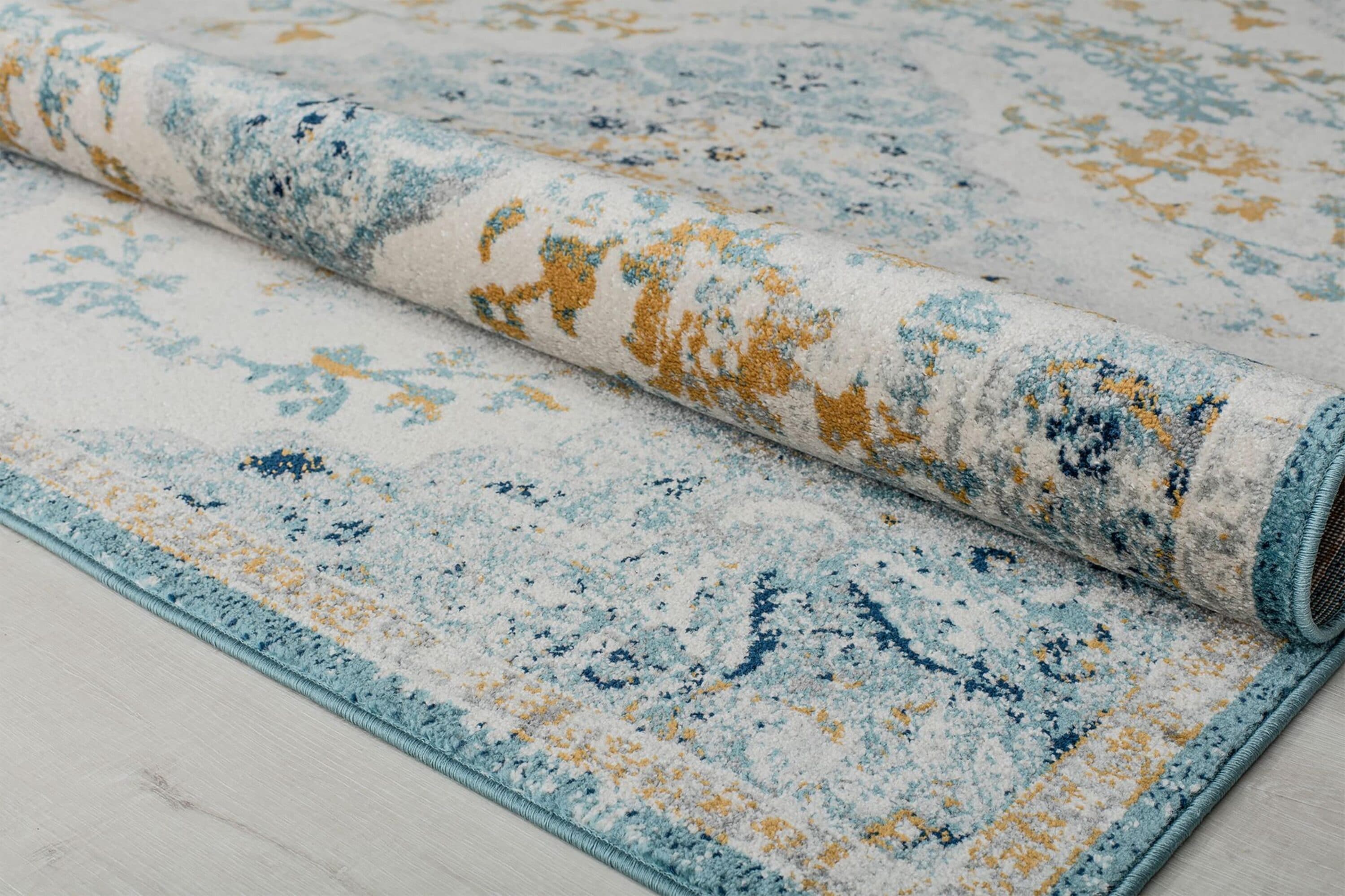 Ivory and Blue Rectangular Synthetic Vintage Area Rug, 5' x 7'