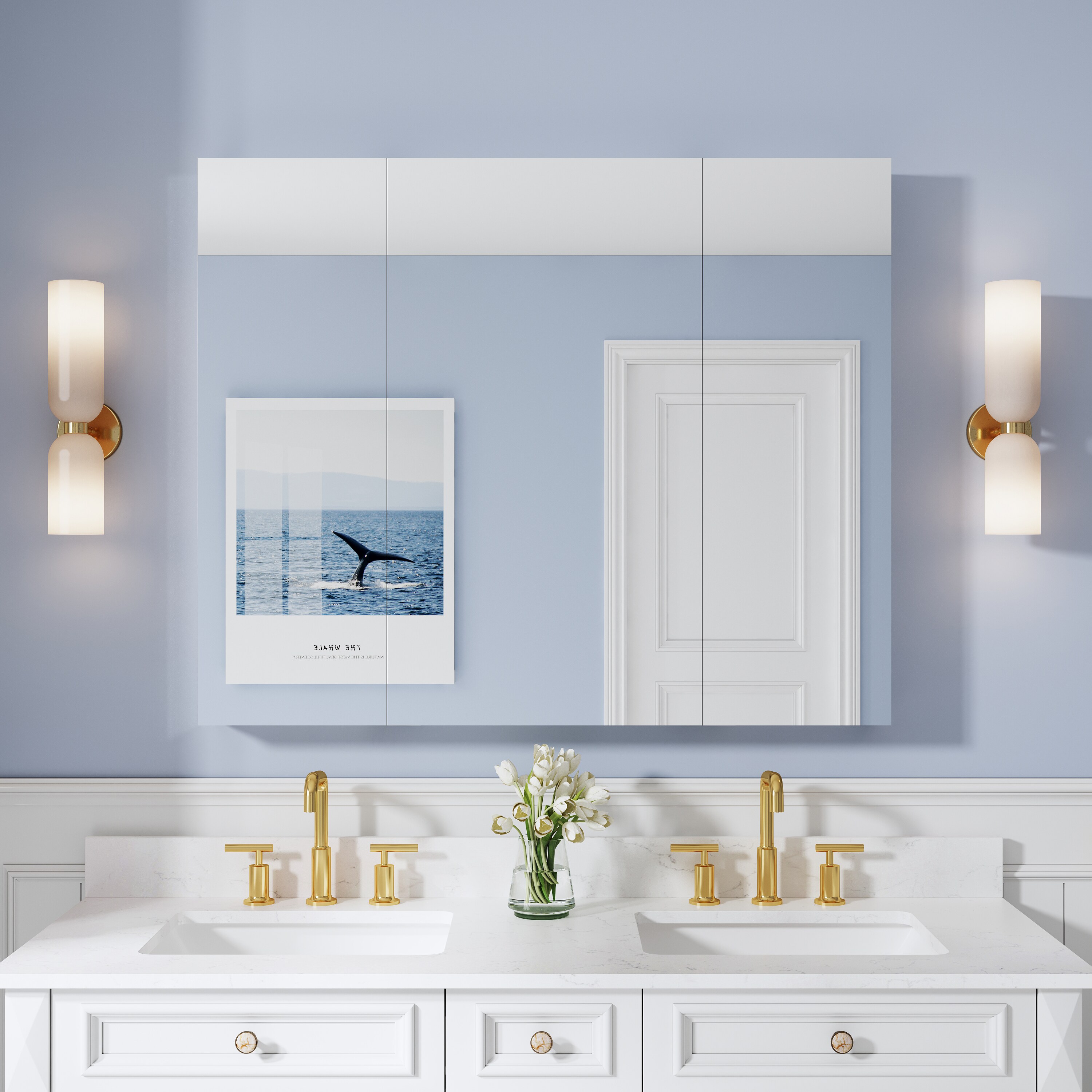 WELLFOR ROSAC Reversible Aluminum Medicine Cabinet 44-in x 36-in Fog Free Surface/Recessed Mount Chrome Aluminum Mirrored Rectangle Soft Close Medicine Cabinet