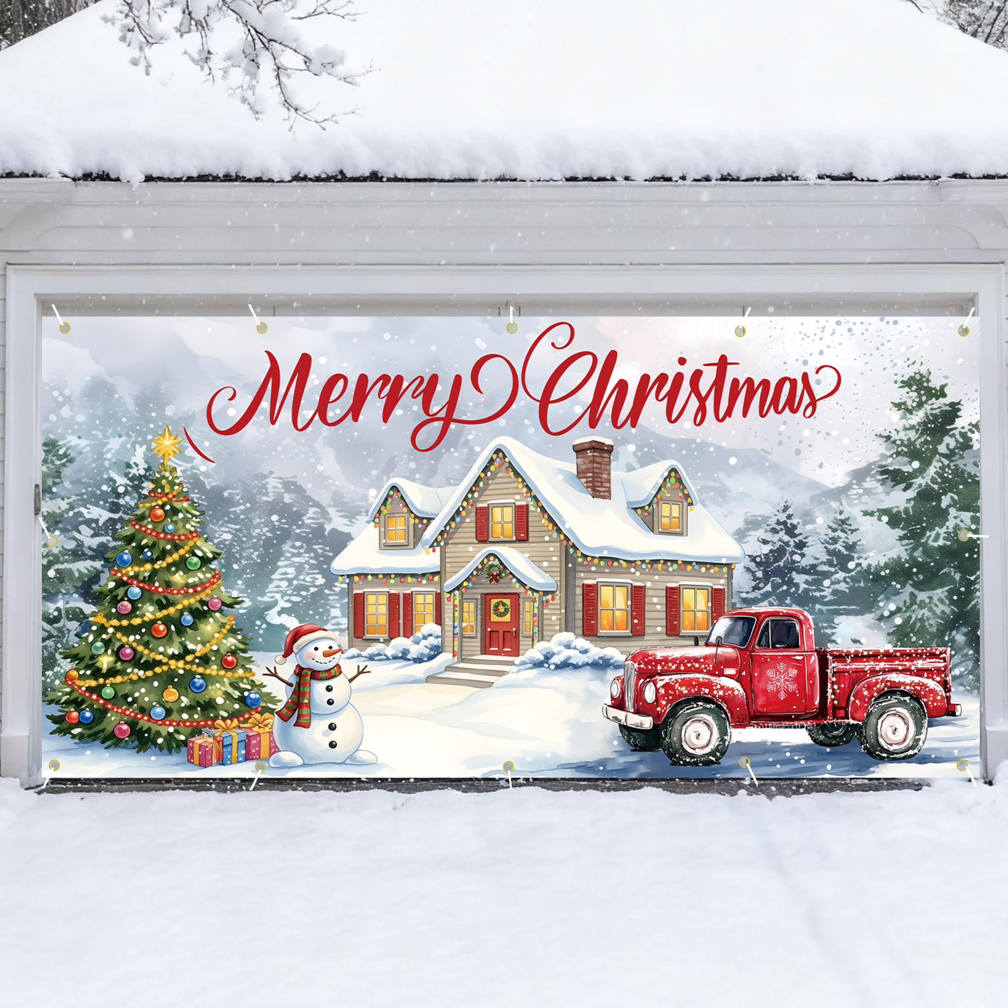 IdealHouse 7x16 Ft Christmas Garage Door Decoration Banner Classic Red Truck and Snowman Pattern Festive Merry Christmas Outdoor Backdrop Ideal for Home Church Party Wall Holiday Decor