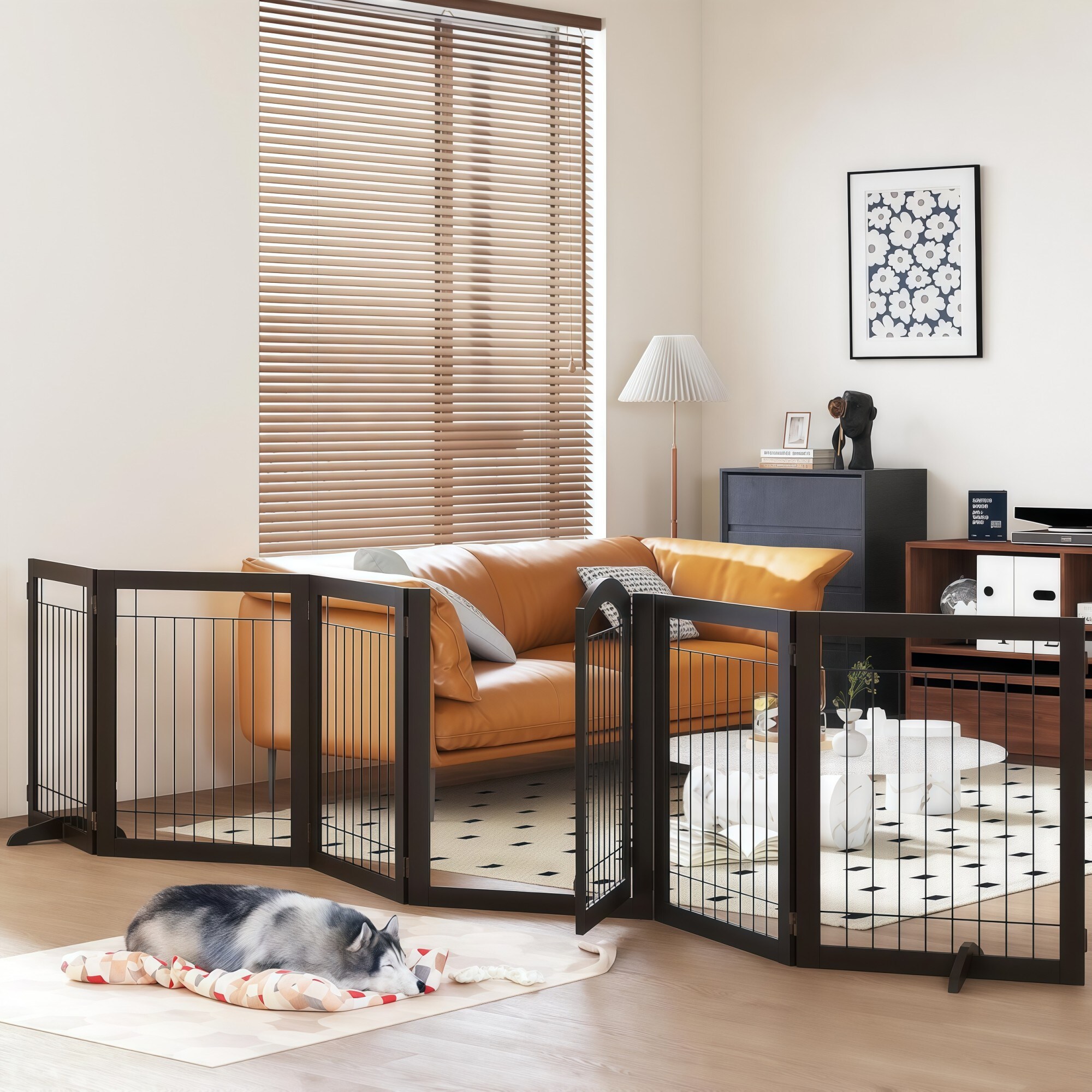 Numhew 144in W 32in H 6-Panel Espresso Dog Gate with Door Freestanding Pet Fence