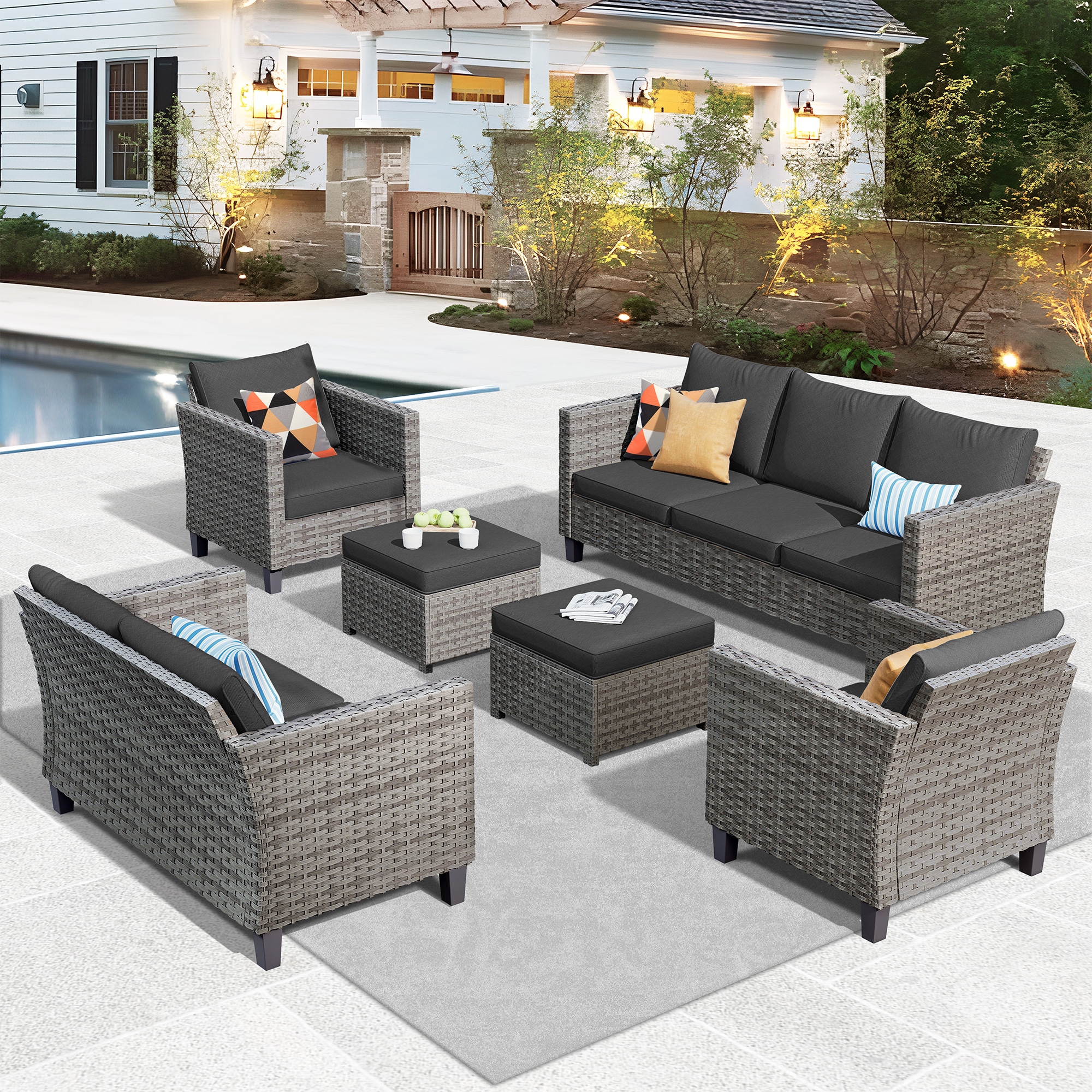 XIZZI XSQF1163 Gaea 6 -Piece Rattan Patio Sofa Conversation Set with Black Cushions
