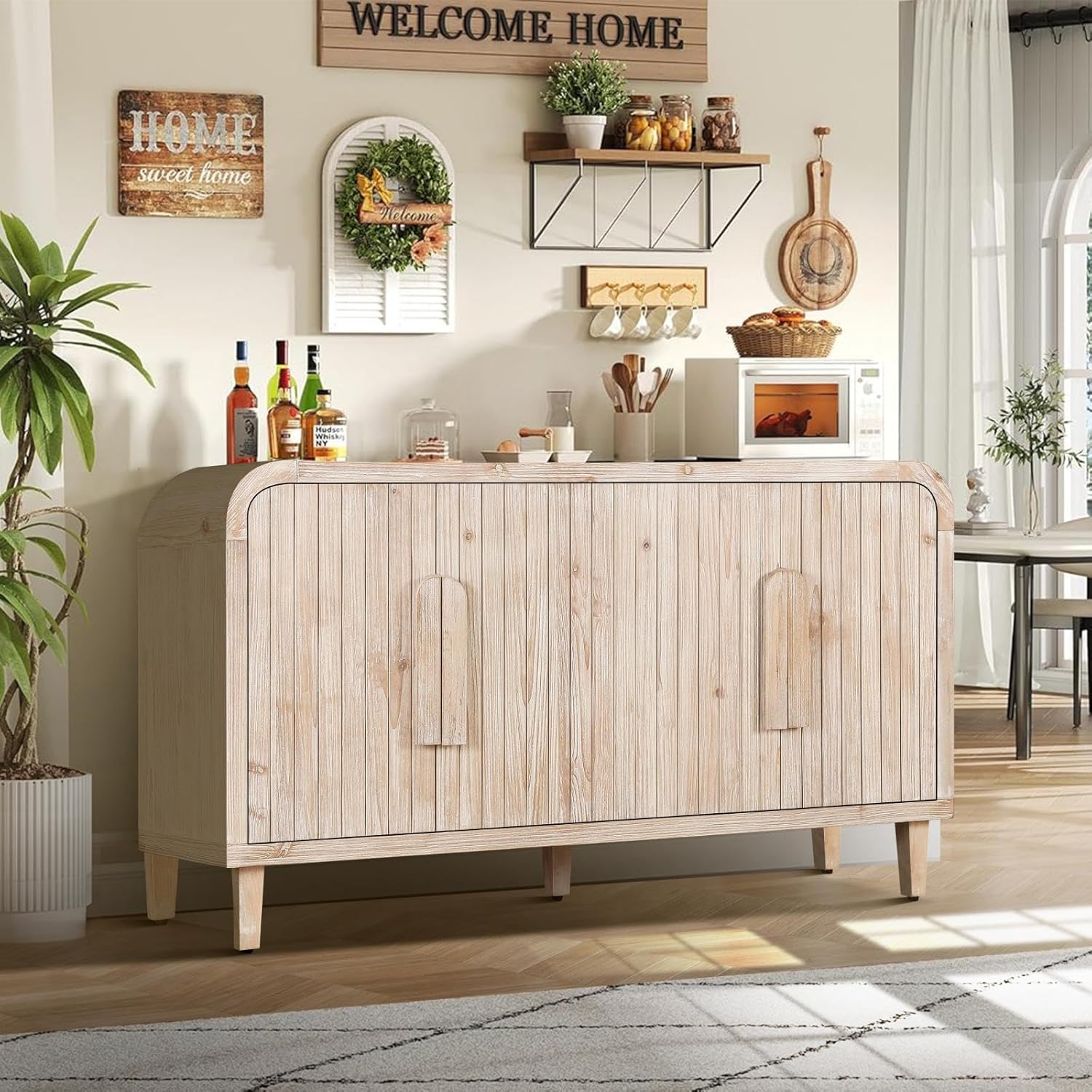 GDFStudio - 59 Inch Farmhouse Curved Vintage Storage Sideboard with Large Wooden Handles  Vertica...