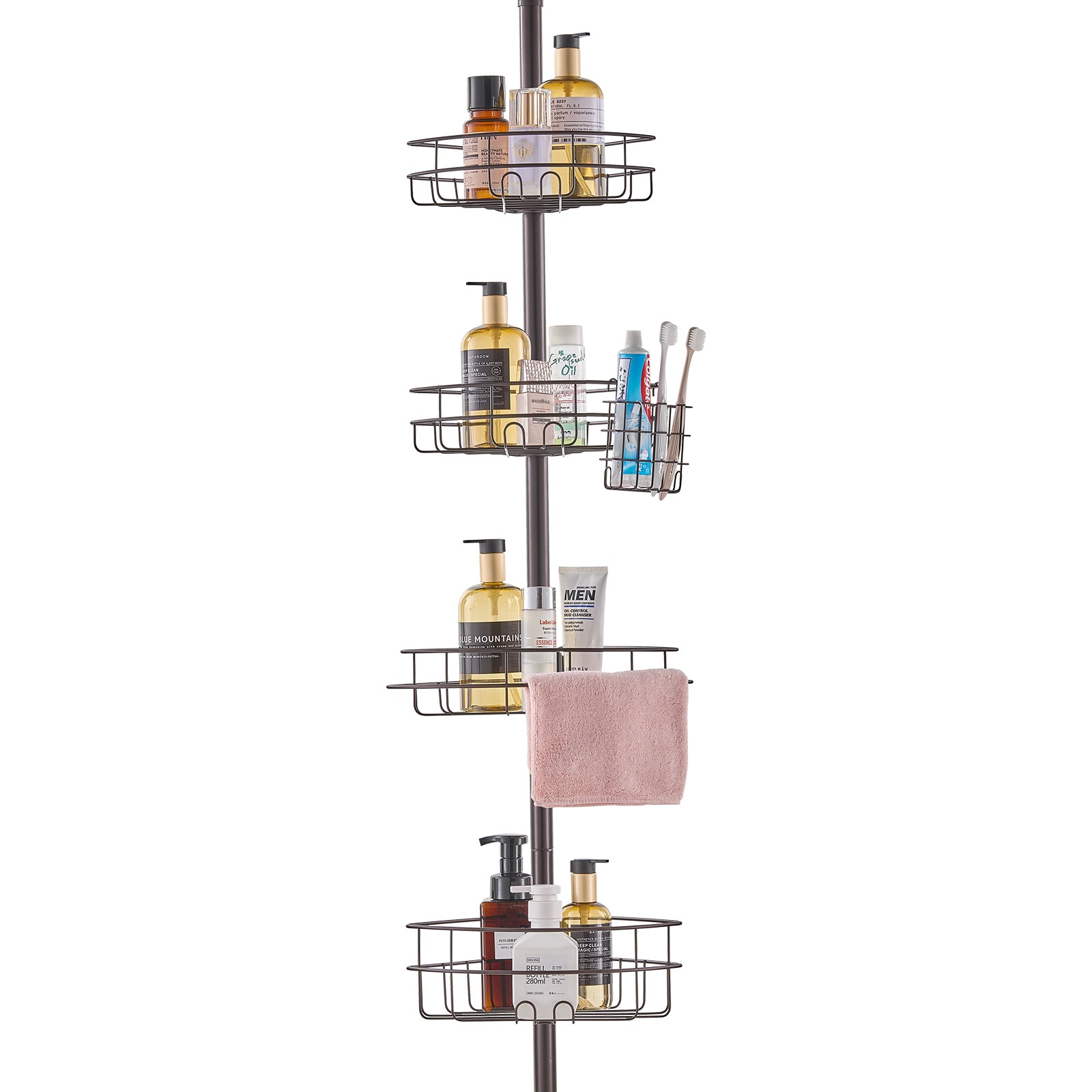 Numhew 56in to 114in H 4-Tray Brown Shower Corner Caddy Tension Pole #NHBEN31016