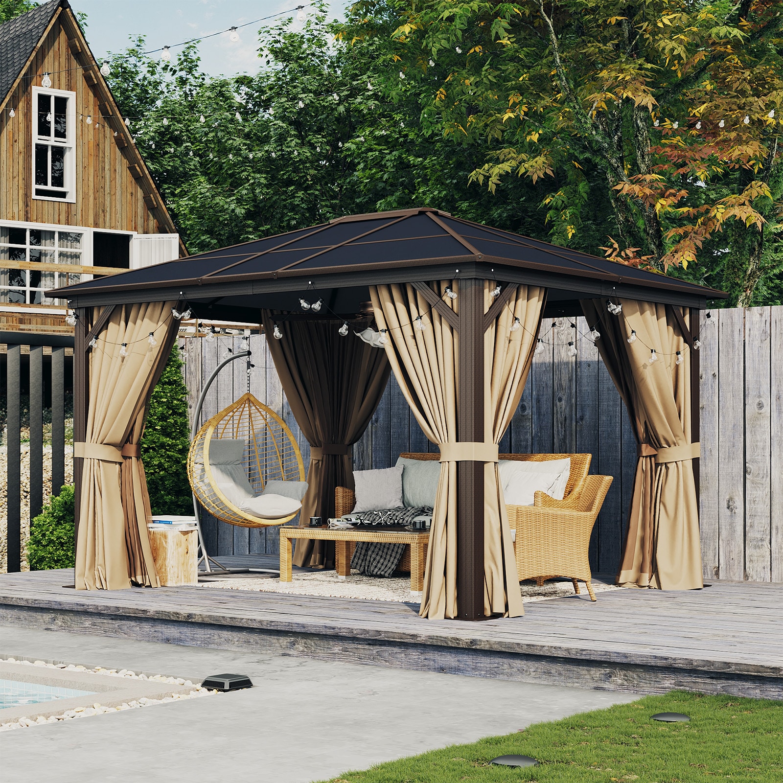 AOXUN AX-405B34 12-ft x 10-ft Outdoor Gazebos Brown Gazebo with Hardtop Roof (Screen Included)