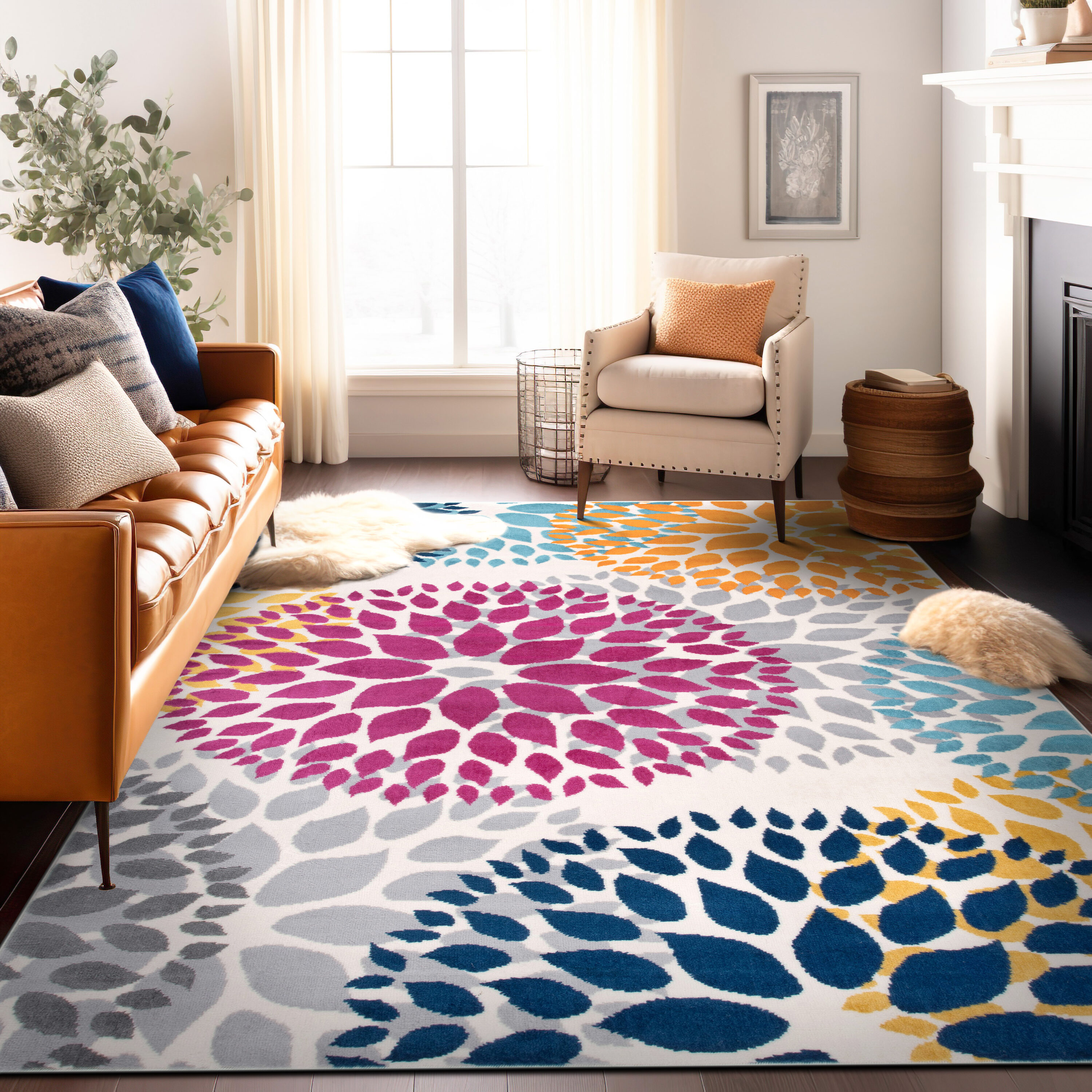 World Rug Gallery 9099MULTI5X7 Hudson 5 x 7 (ft) Loomed Polypropylene Multi Rectangular Indoor Floral/Botanical Mid-Century Modern Area rug
