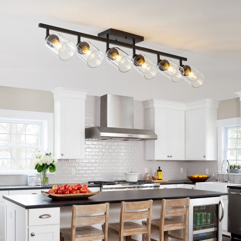 Basdien 43 in Black 6 Lights Semi Flush Mount Ceiling Light Adjustable Kitchen Light Fixtures Ceiling Mount with Clear Glass Shades Rotatable Track Lighting for Hallway Foyer Bedroom E26 Base Bulb Not Included Dimmable Easy Install