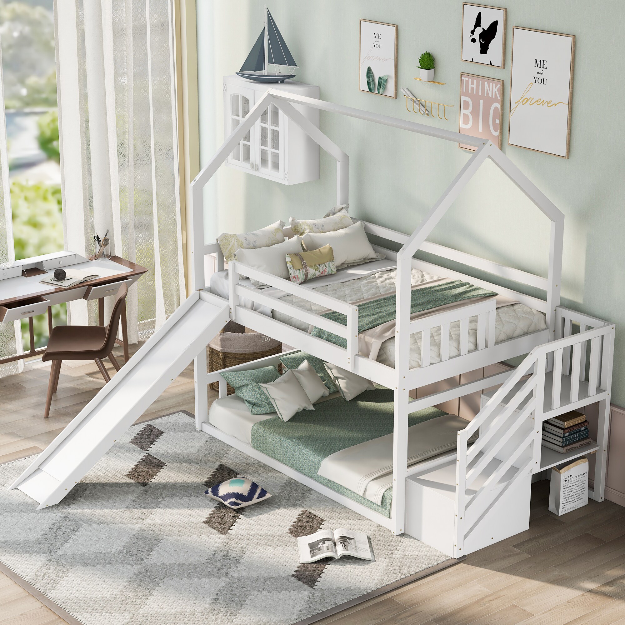 ModernLuxe GX000707AAK Twin over Twin House Bunk Bed with Convertible SlideStorage StaircaseWhite