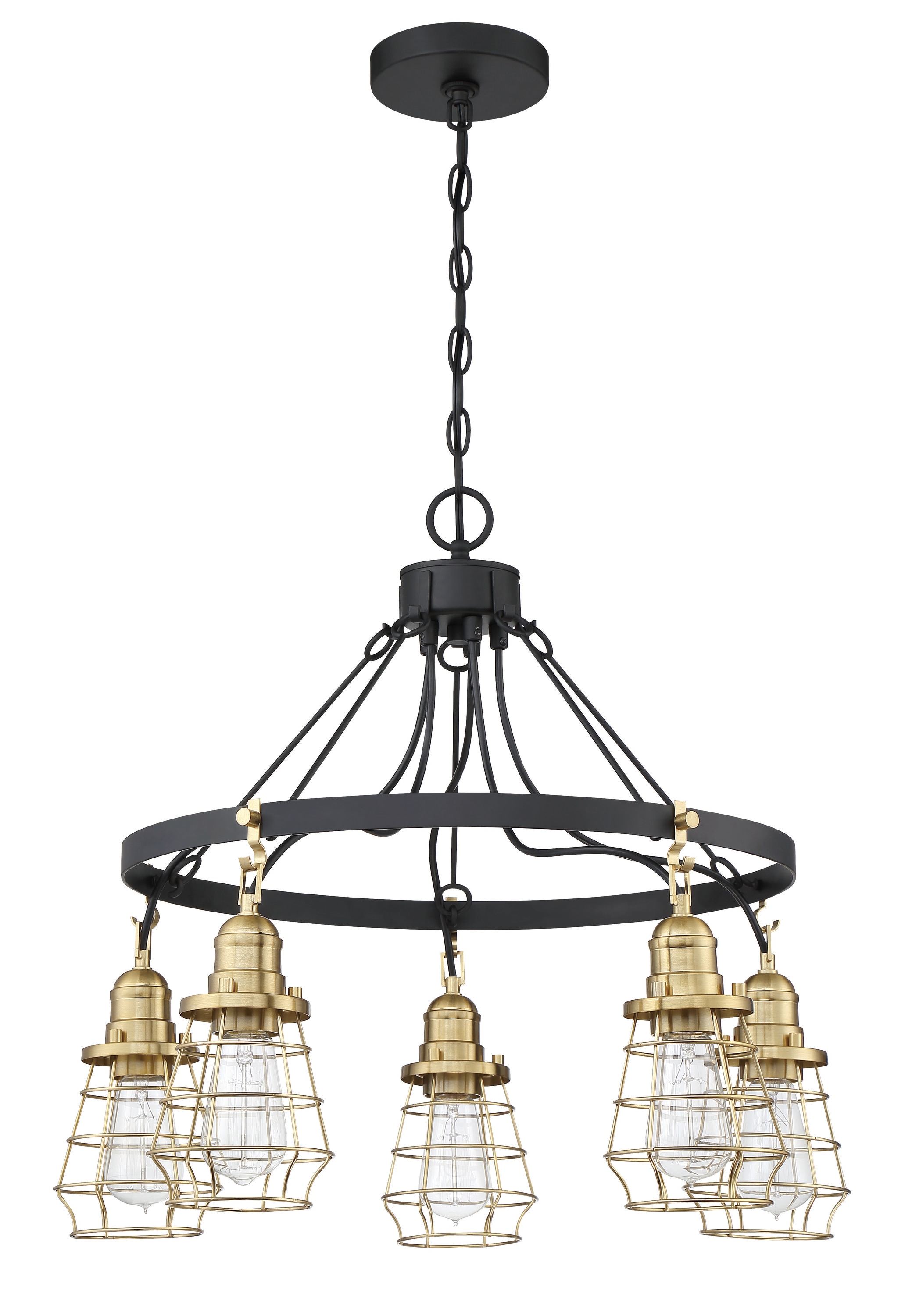 Flat Black and Satin Brass Cage Chandelier with 5 Lights