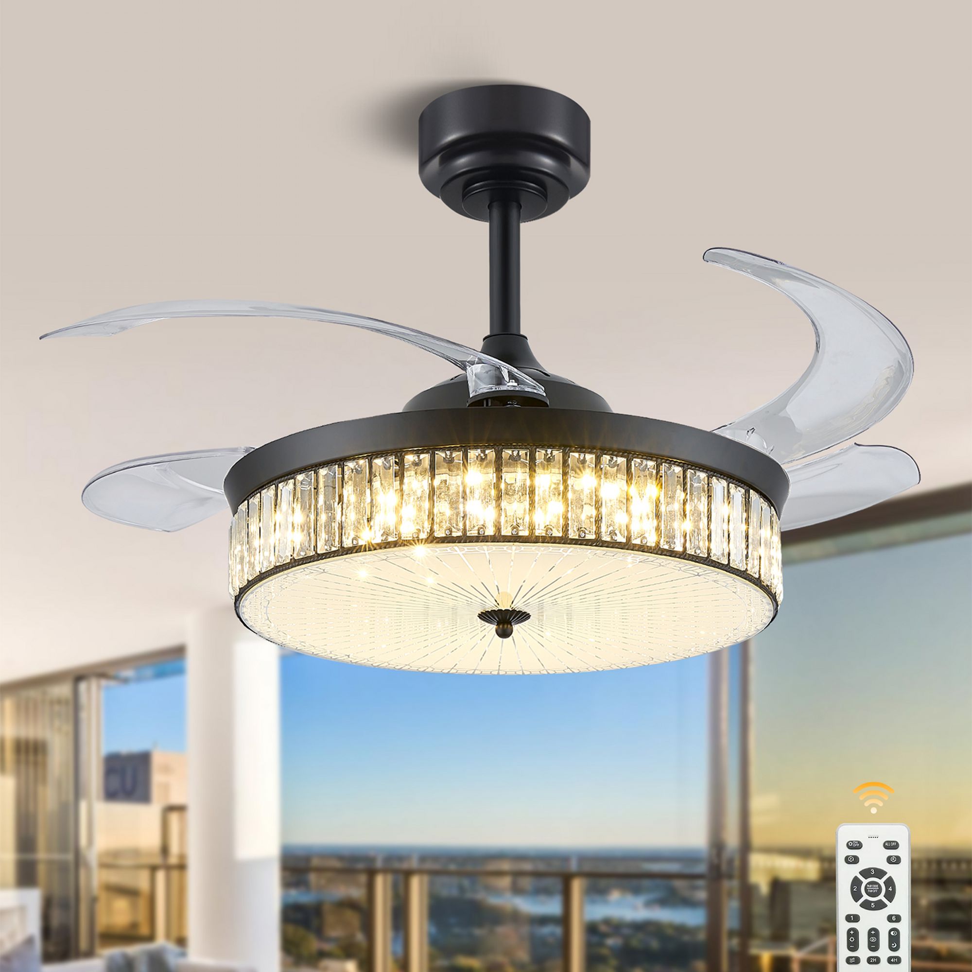 Yiekholo LL-0648AA 42-Inches Black with Transparent Blades Color-Changing Indoor Downrod mount Standard Ceiling Fan With Light and Remote ( 4 -Blade)