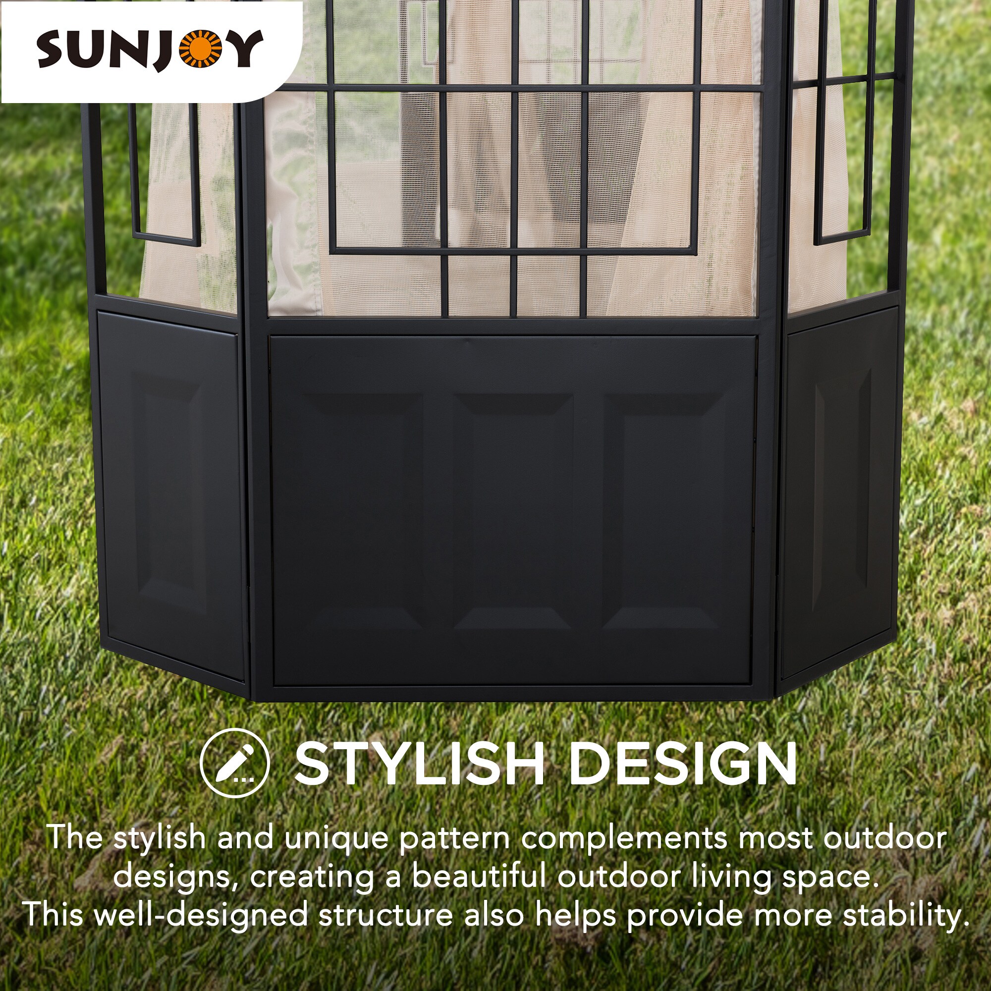 Sunjoy Beige Canopy Black Steel Frame Octagon Gazebo with Mosquito Netting