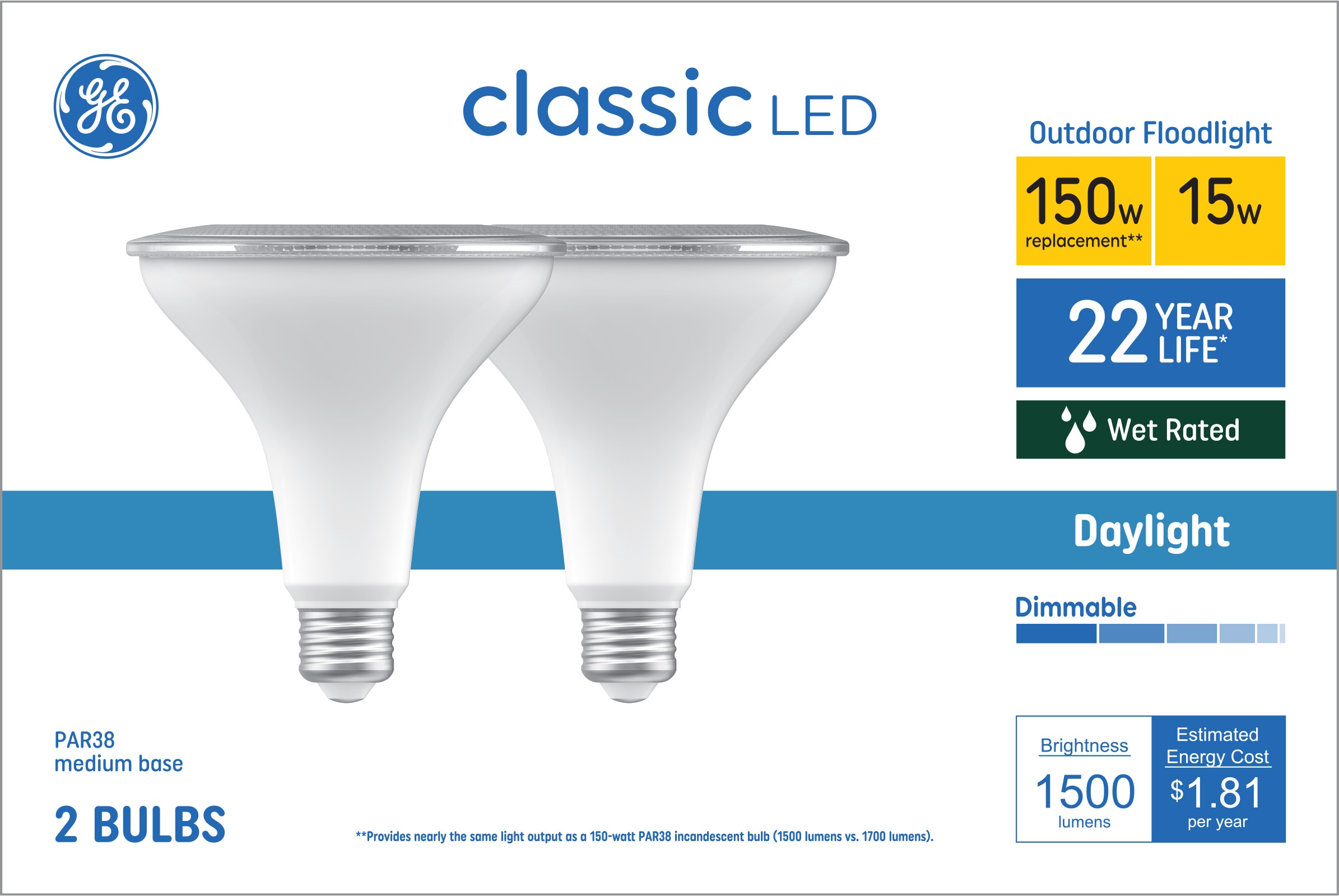 Classic 150-Watt EQ PAR38 Daylight Medium Base (E-26) Dimmable LED Light Bulb (2-Pack) | - GE 93131023